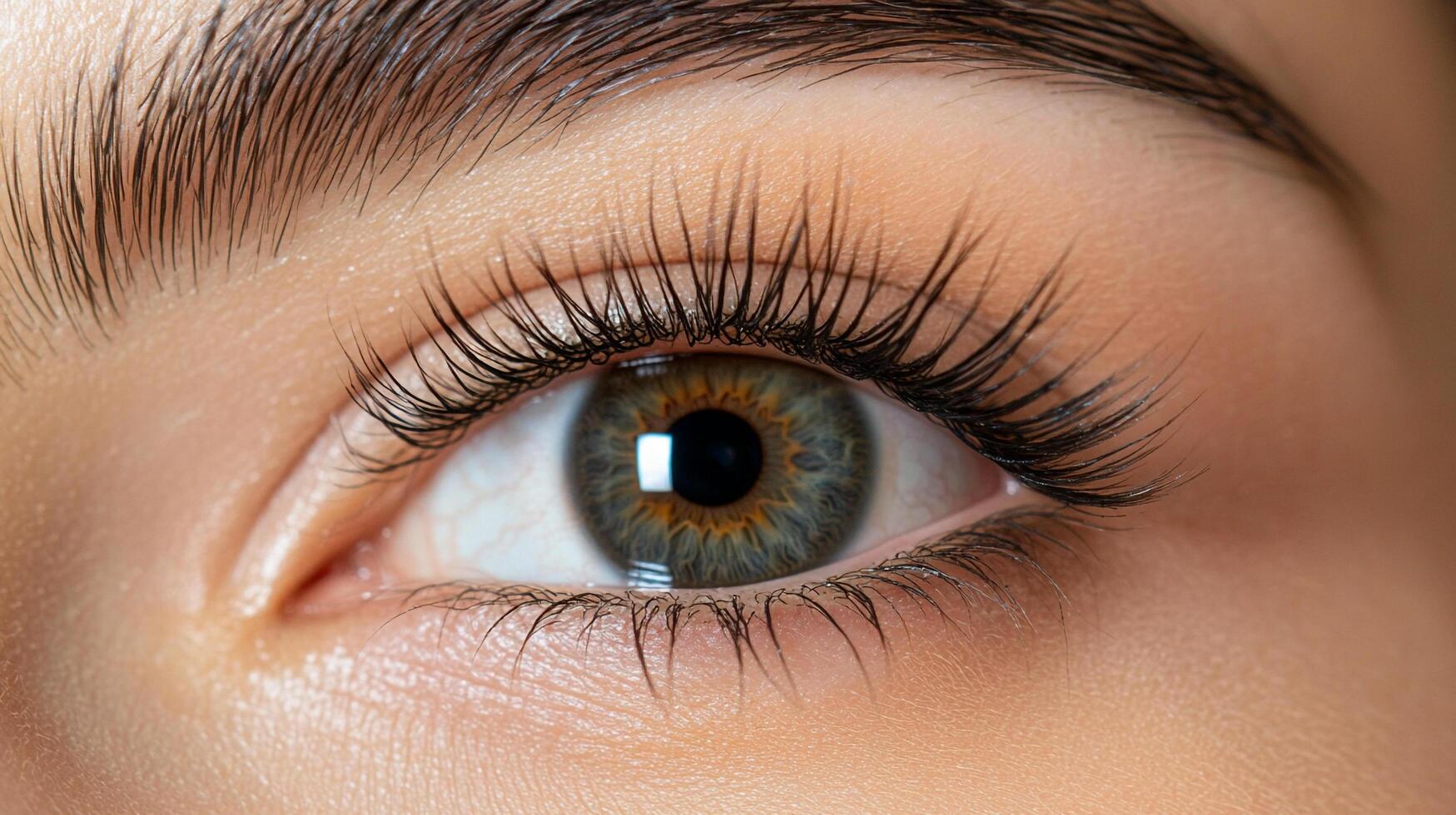 Close-up of a hazel eye with dark lashes. The eye is clear and bright, with a small reflection on the pupil. The skin is smooth. photo