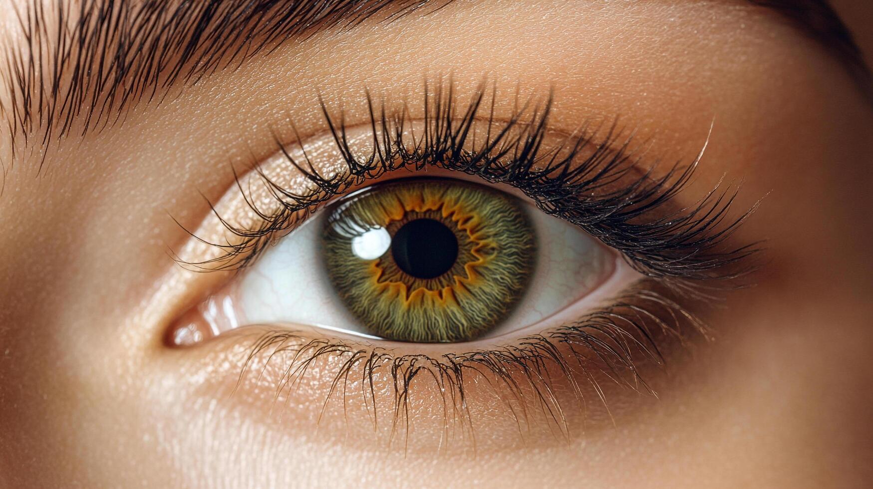 Detailed macro view of a captivating eye featuring vibrant green and orange tones, paired with striking black lashes and skin texture. photo