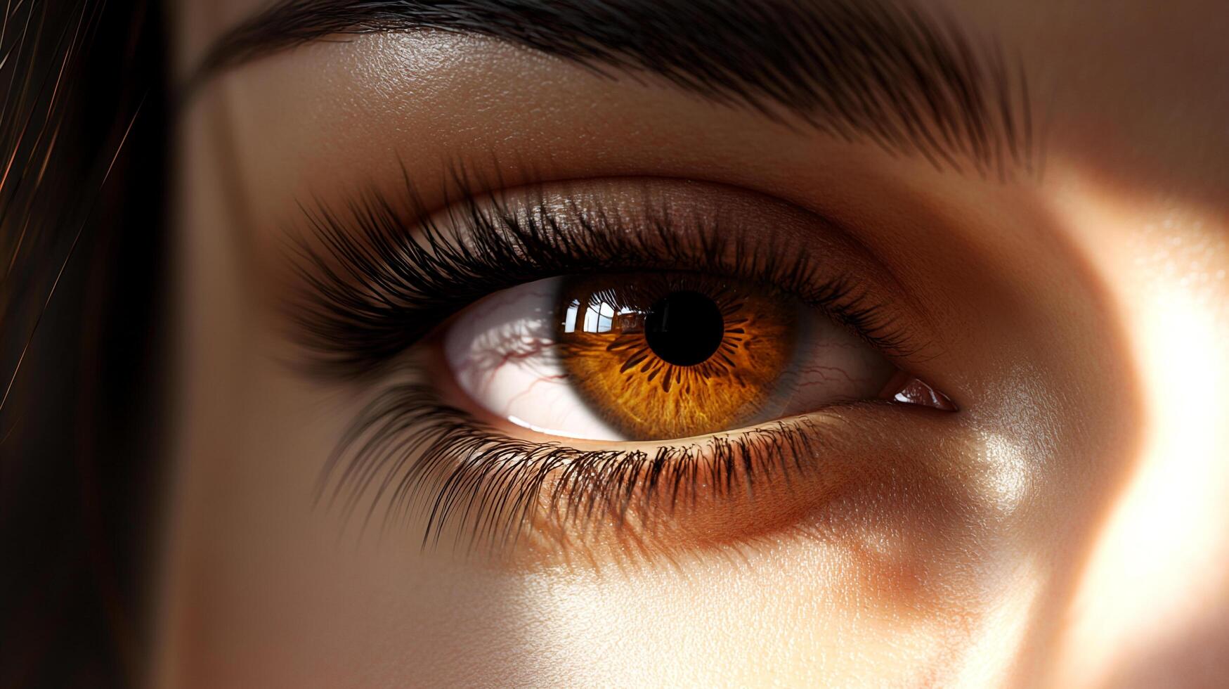 Close-up of a striking amber eye with long lashes, catching the light in a mesmerizing gaze. Beauty and detail in focus. photo