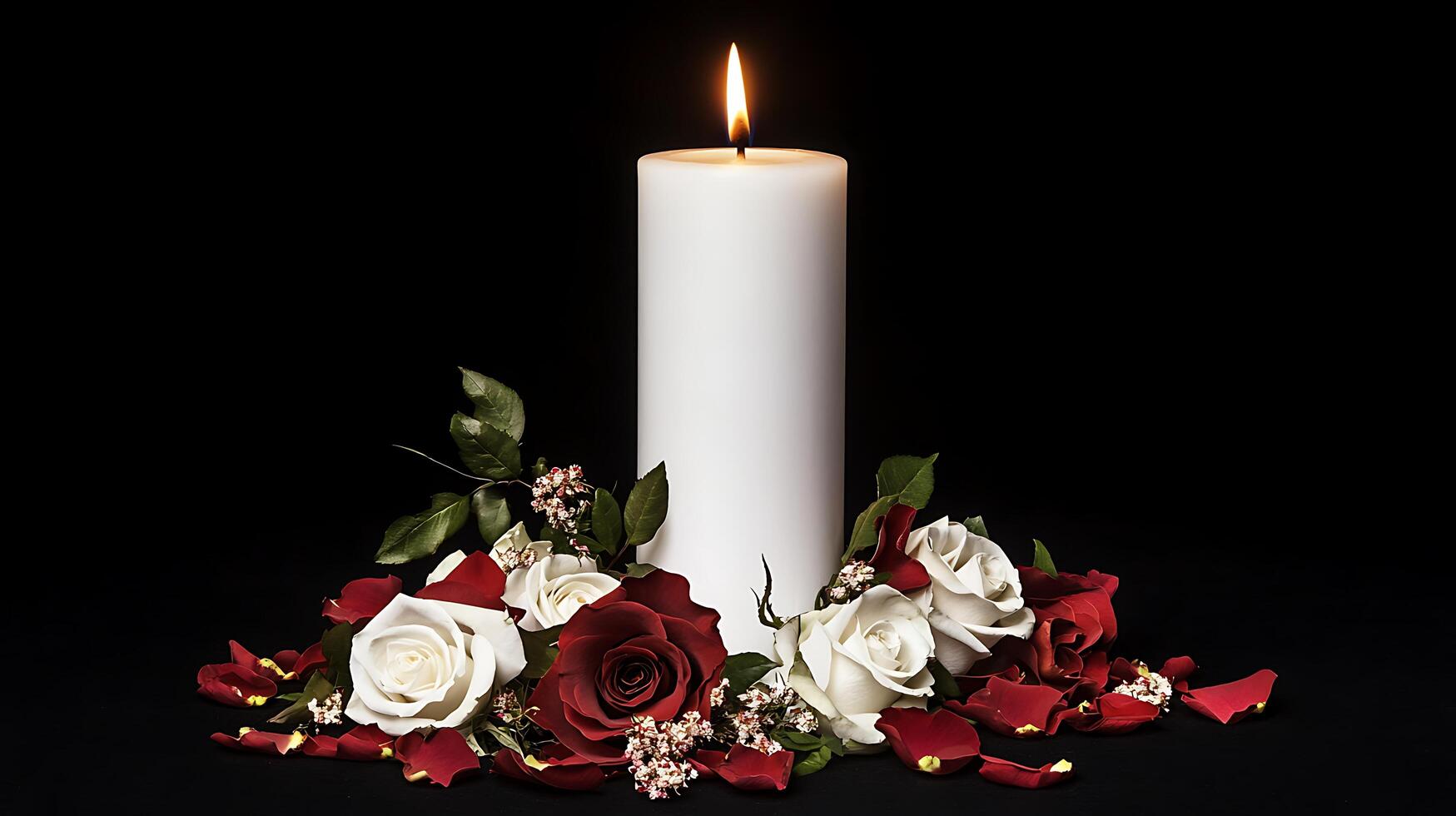 A white candle is surrounded by red roses photo