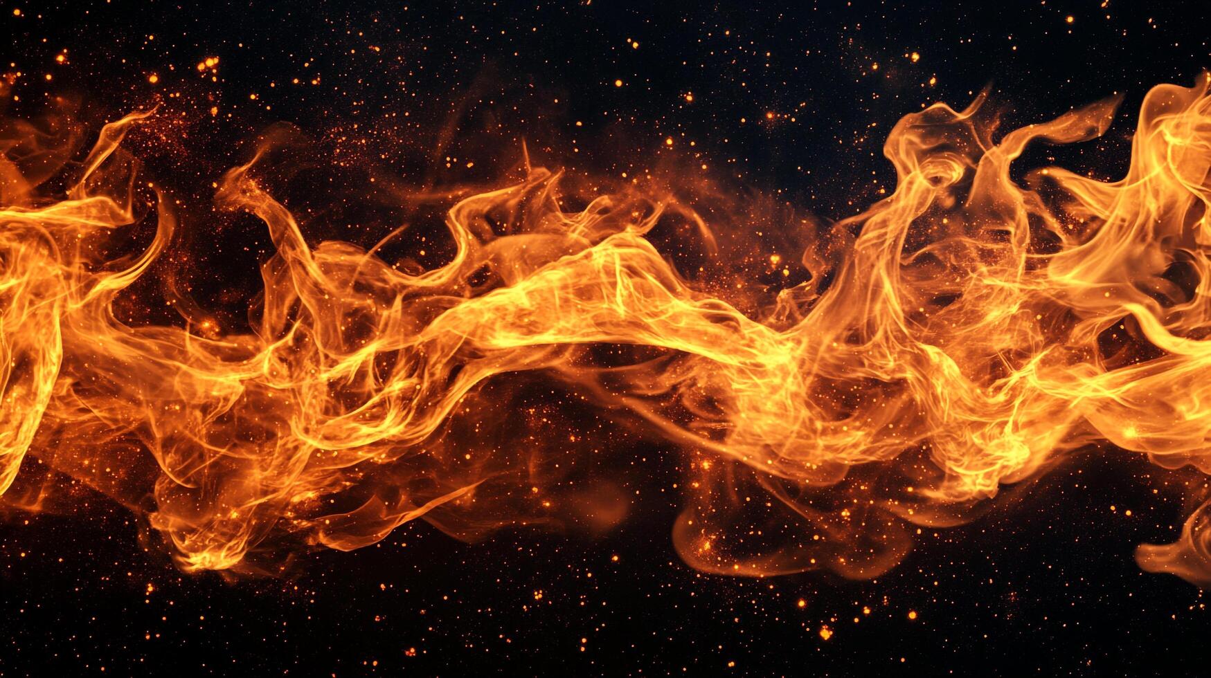 Fiery flames dance across a dark abyss, igniting the night with swirling heat and incandescent light. An explosion of color and energy. photo