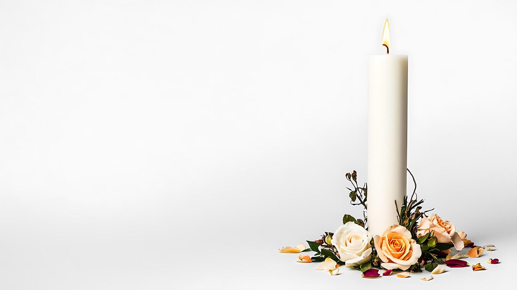 A white candle with flowers and leaves on a white background photo