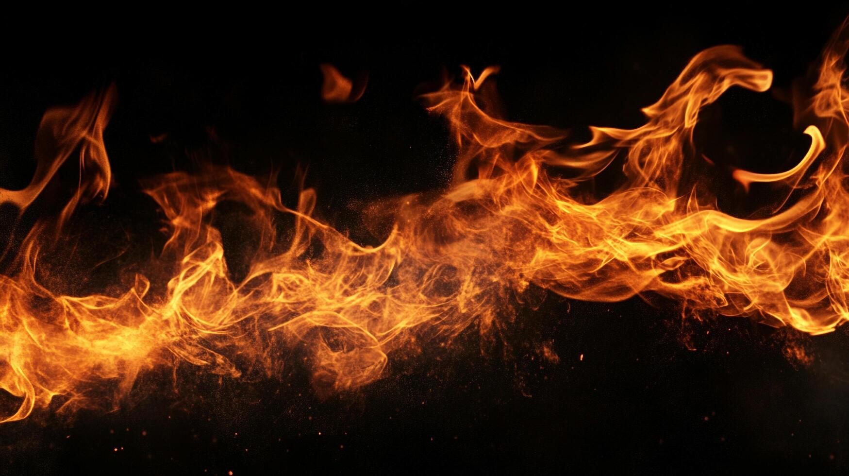 Dynamic flame display with vibrant orange hues, dancing across a stark black background, evoking heat and intensity. Fiery artistic display. photo