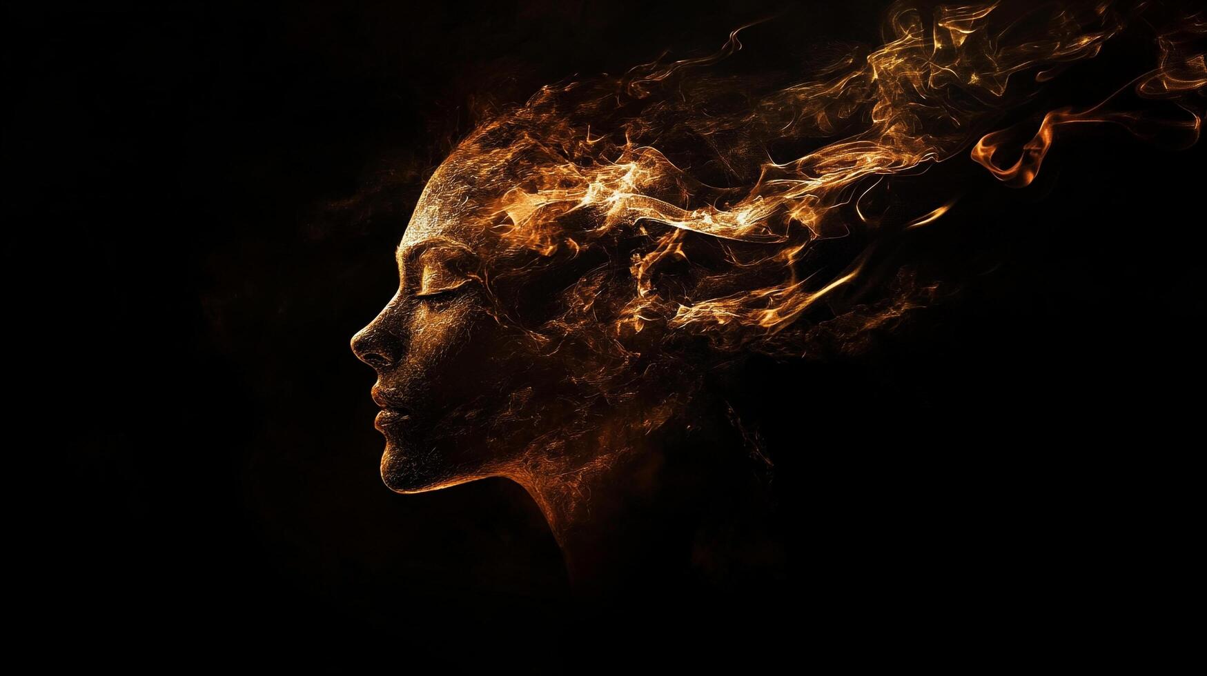 Ethereal profile of a woman with a fiery aura, a captivating blend of beauty and raw energy, set against a dark backdrop. photo