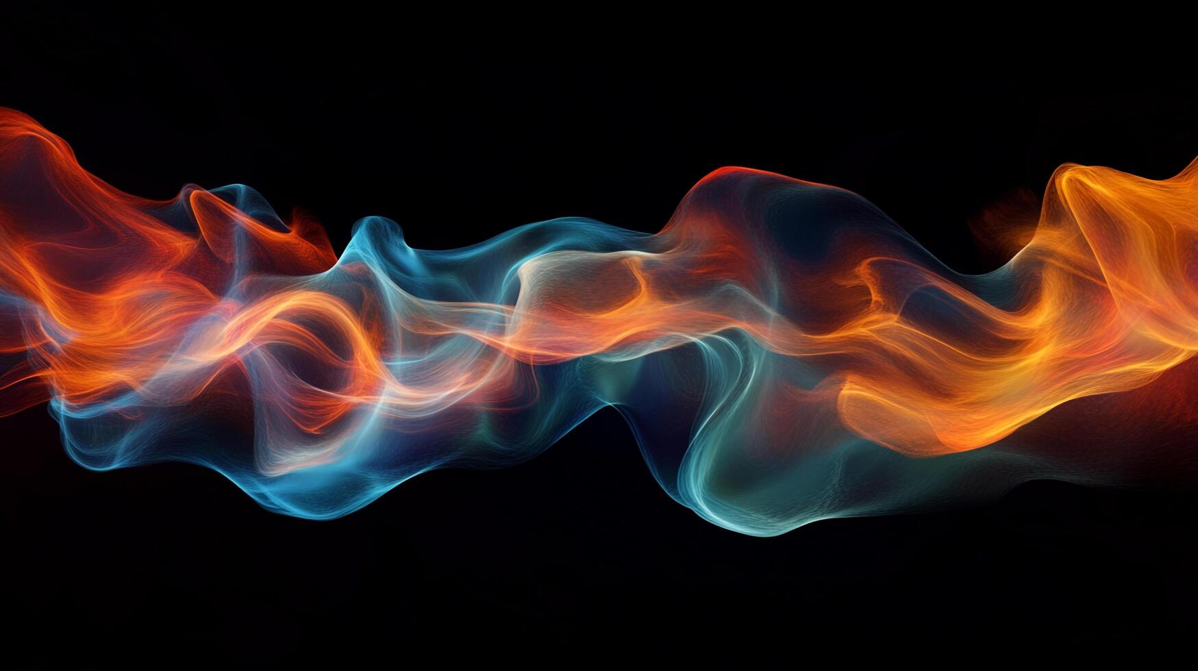 Abstract swirling blend of vibrant orange and blue energy resembling waves of fire and ice, contrasted against a stark black background. photo