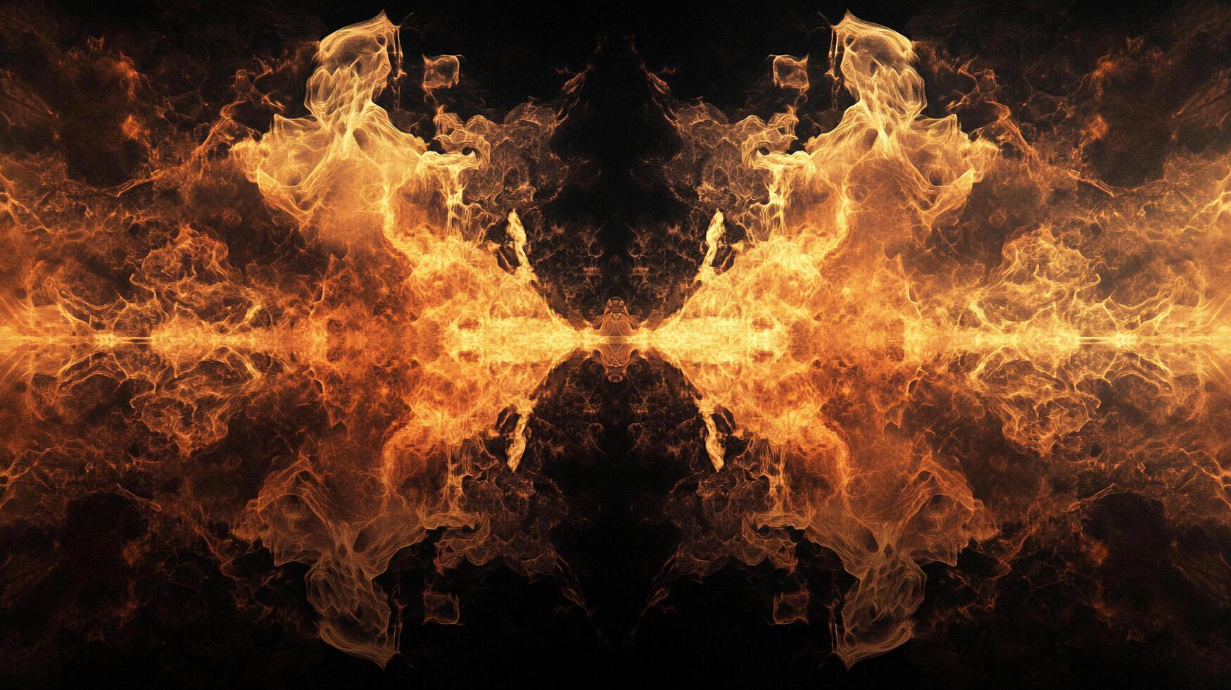 Abstract fiery patterns create a symmetrical and mesmerizing display against a dark background, evoking a sense of power and heat. photo