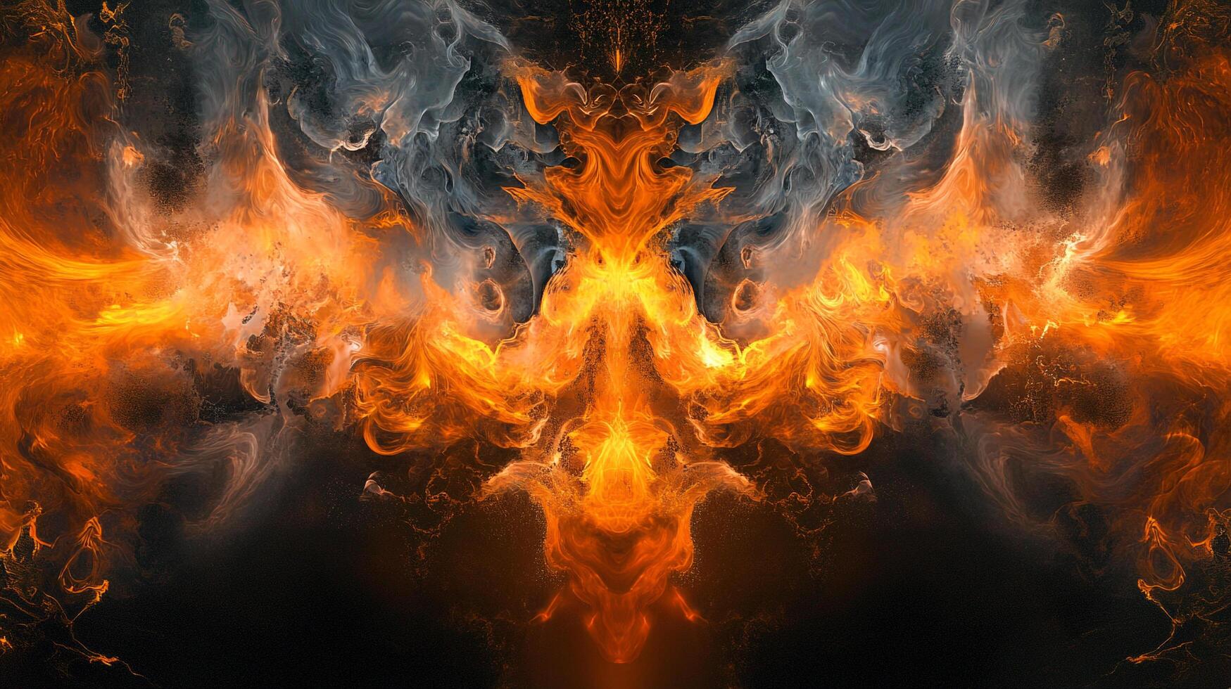 A symmetrical abstract composition of fiery orange hues blending into wisps of grey smoke against a dark background, resembling wings. photo