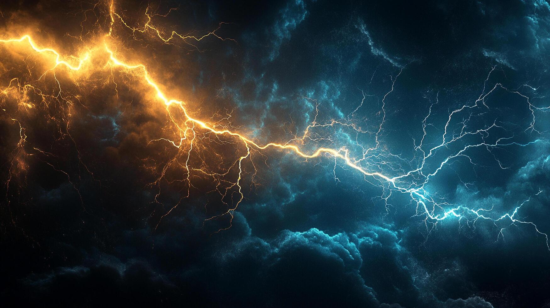 Dynamic sky illuminated by an electrifying clash of contrasting lightning bolts, showcasing nature's power. Dramatic, intense, and atmospheric. photo