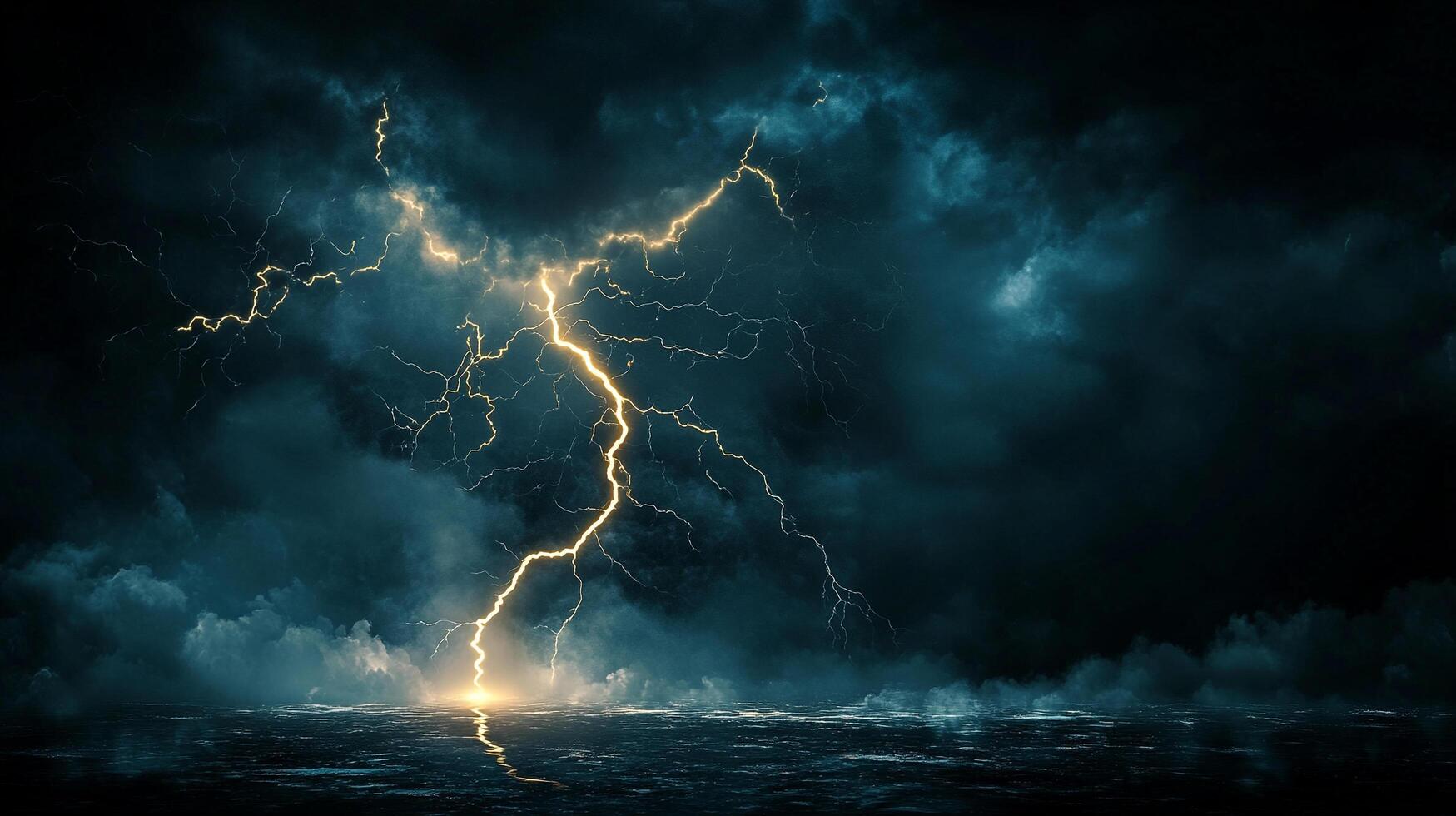 Dramatic lightning bolt illuminating the dark sky and reflecting on a body of water, conveying power and atmospheric intensity. photo