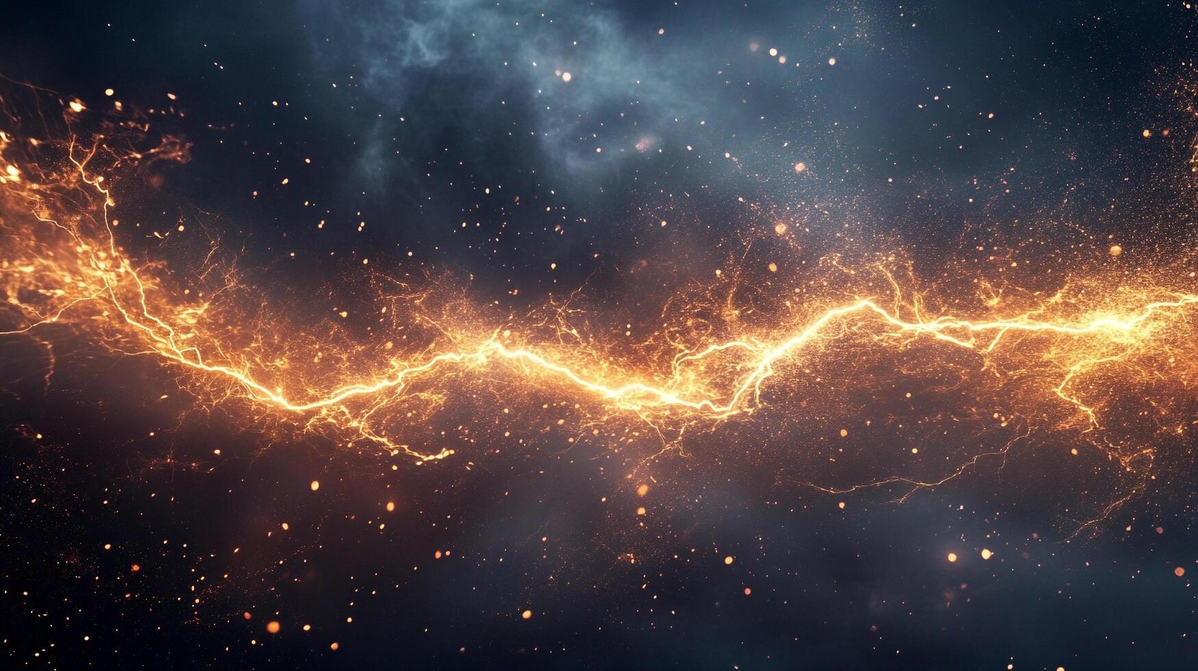Electric current streaks across a dark sky, illuminated by fiery energy and surrounded by cosmic dust. Nature's raw power on display. photo