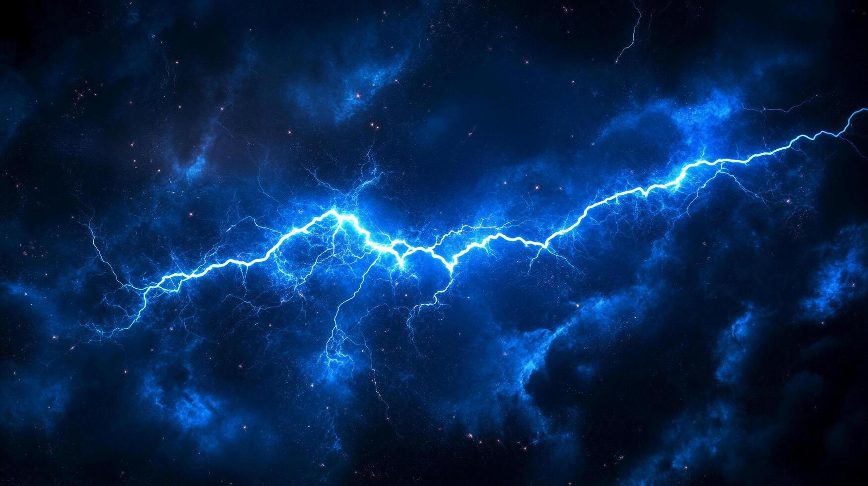 An electric storm strikes with vivid blue lightning bolts illuminating the dark and cloudy sky, showcasing raw atmospheric power. photo