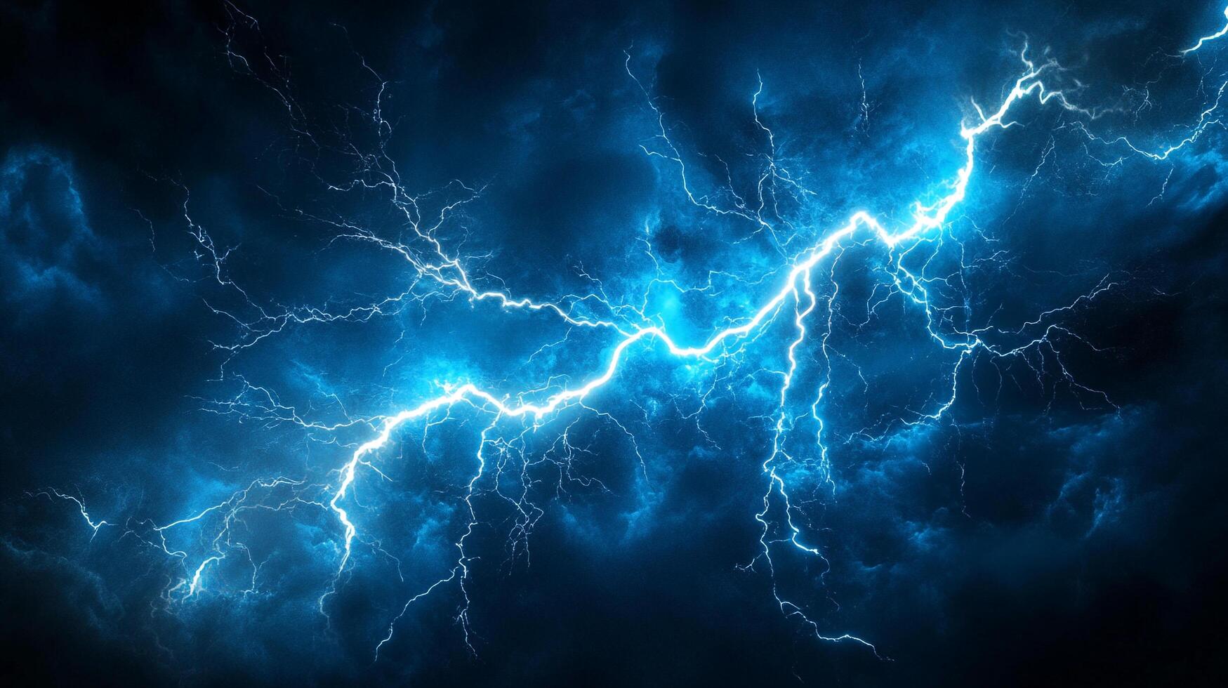 Dramatic blue lightning strikes across a dark, cloudy sky, illuminating the night with its powerful electric display. Nature's raw energy. photo