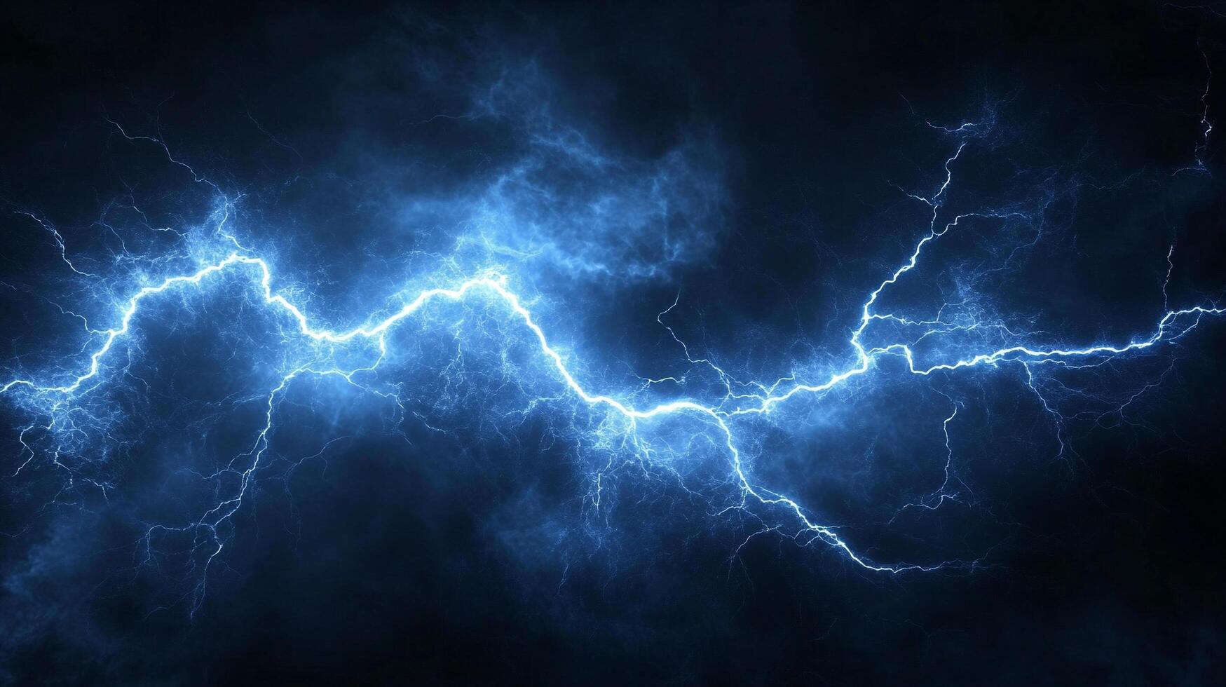 A captivating display of nature's power. Electric blue lightning strikes across a dark stormy sky. The bright jagged bolts illuminate the scene. photo