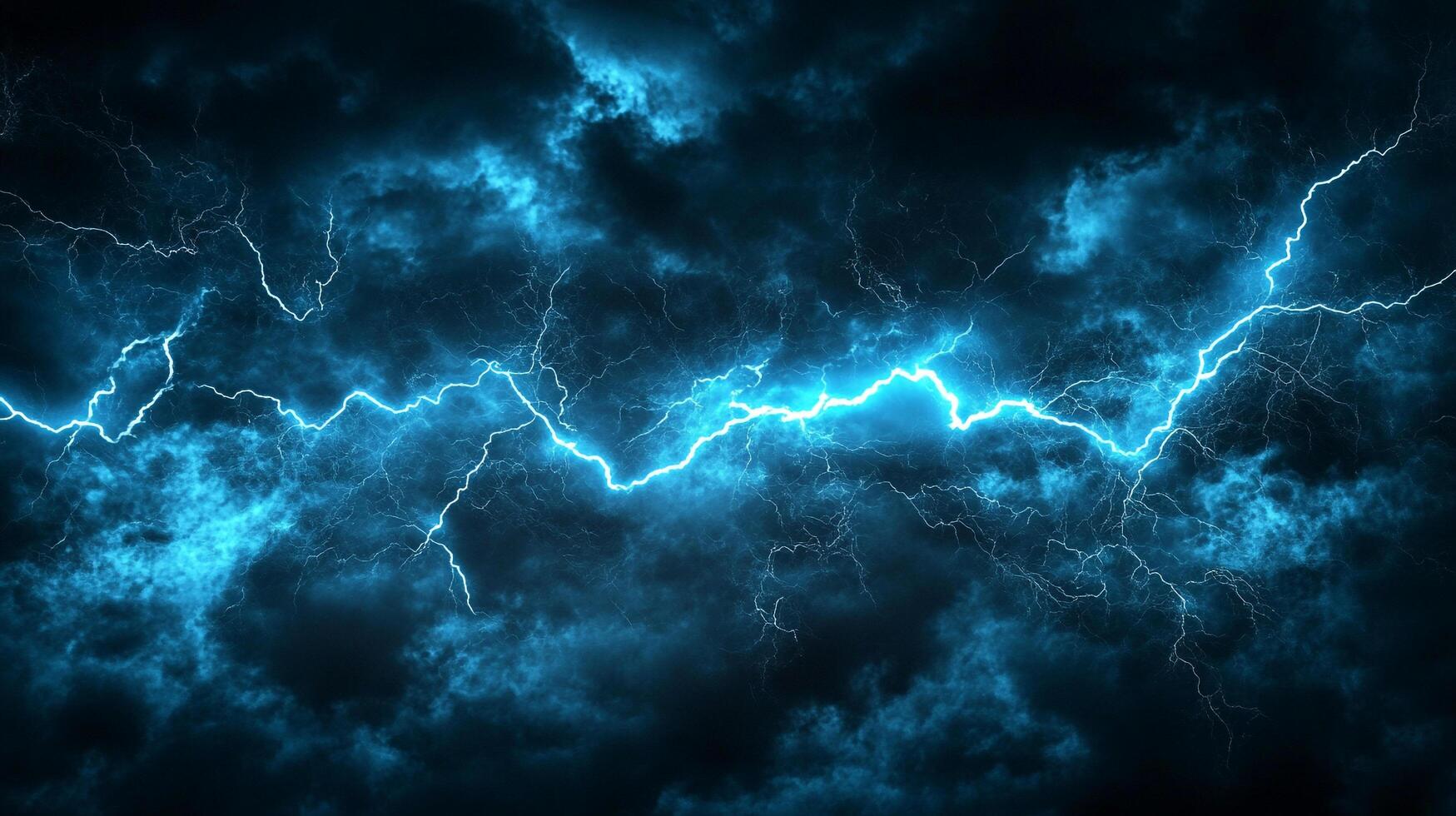 Striking blue lightning bolts illuminating a turbulent sky with intense energy and dramatic contrast against dark, stormy clouds. photo