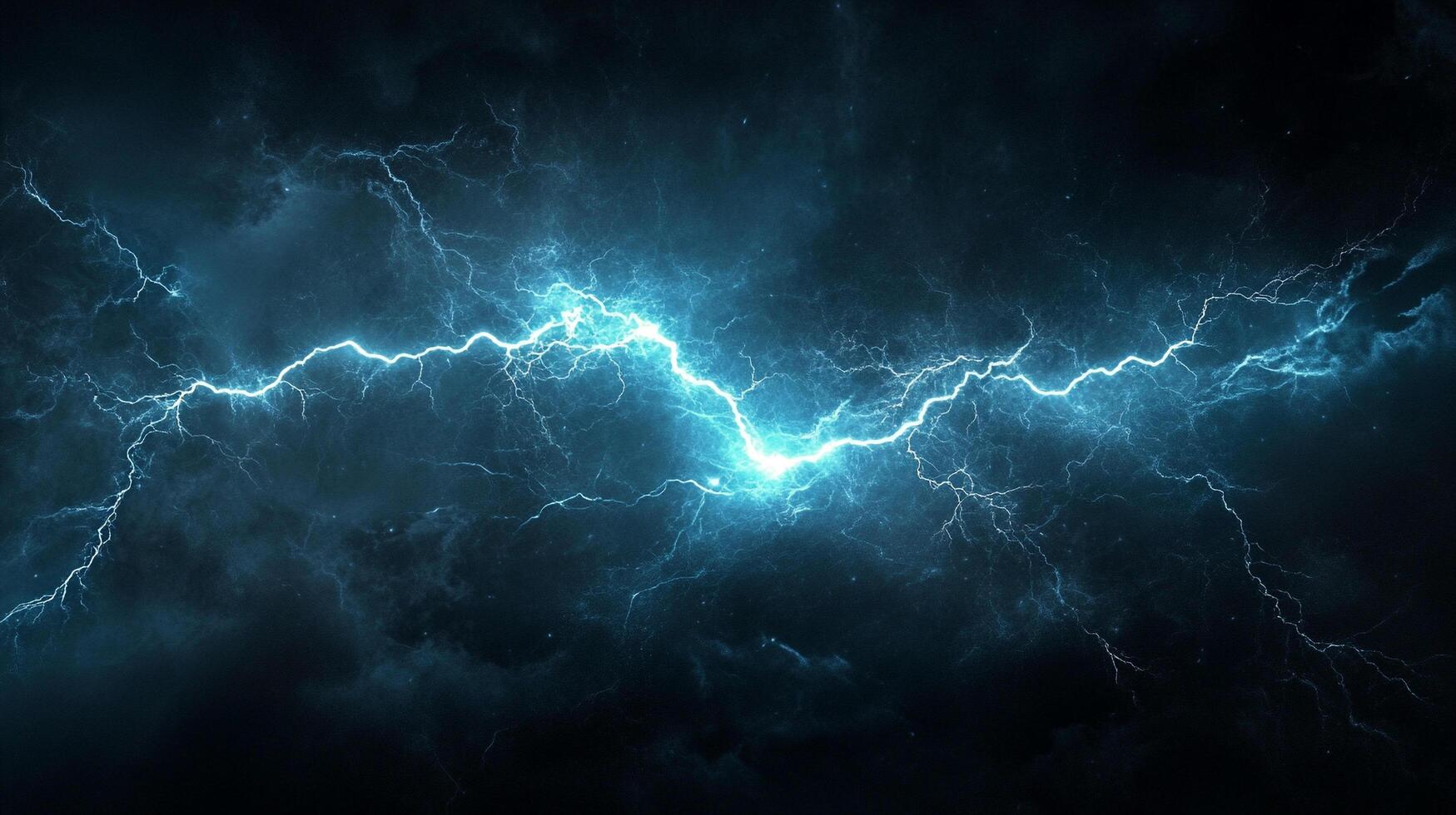 Vivid turquoise lightning strikes across a dark, turbulent sky, illuminating the ominous storm clouds in a display of raw atmospheric power. photo