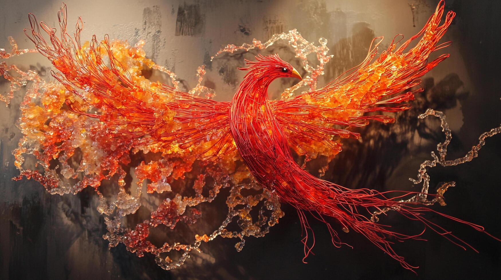 Phoenix sculpture artwork in vibrant orange and red hues, crafted with intricate details, soaring against a textured backdrop. photo