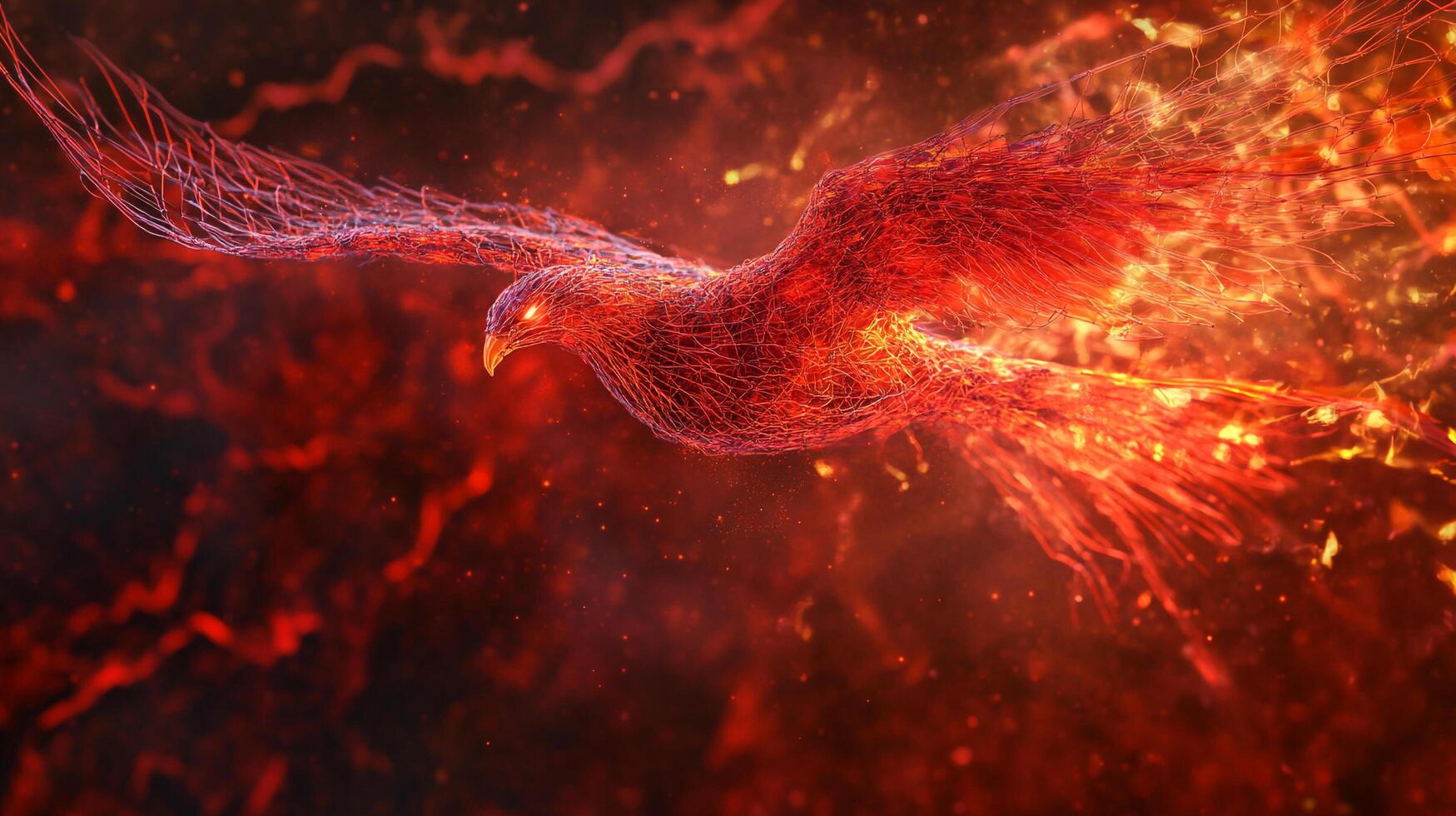 A fiery phoenix soars with vibrant hues against a backdrop of swirling embers. The bird looks as though it is made of magma and fire. photo