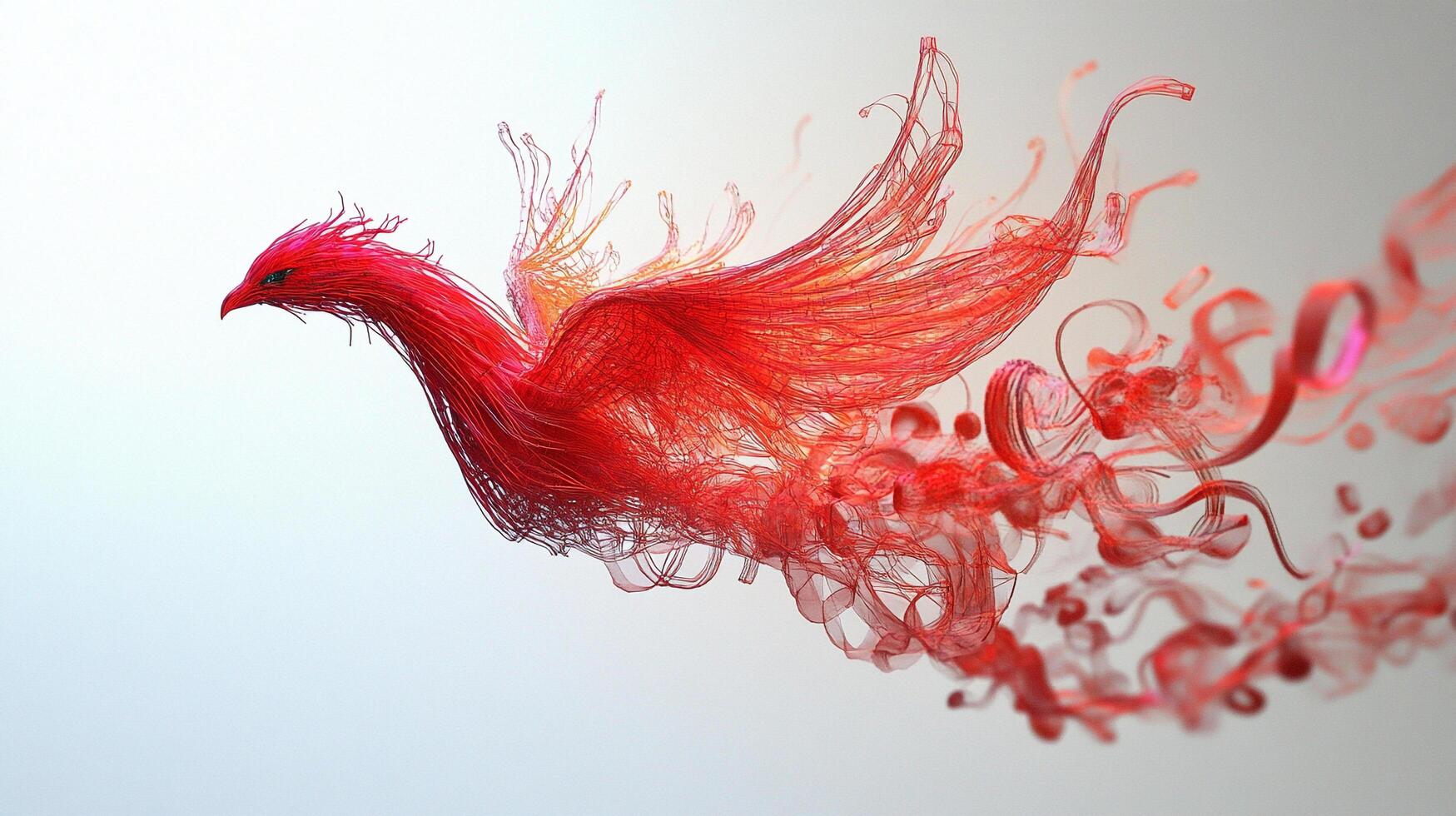 Fiery bird in mid-flight with stylized plume. Rendered in red, orange and gold. Mythical creature representation. photo