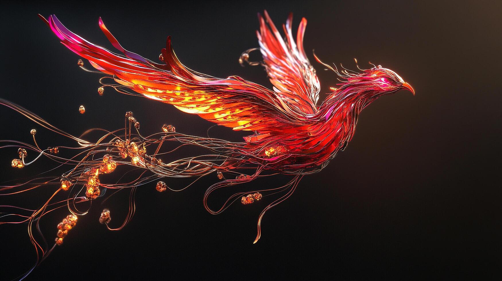 Fiery avian design, a phoenix of interwoven lines and glowing accents against a dark backdrop, symbolizing rebirth and energy. photo