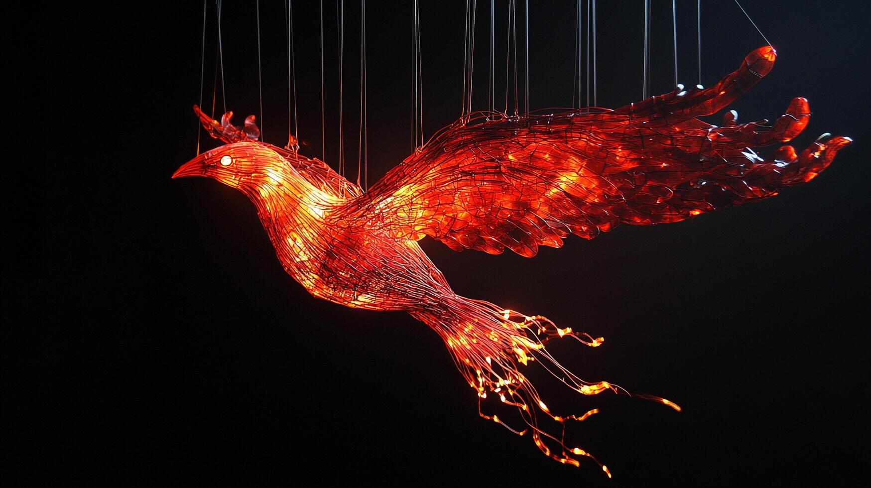 A brilliant avian sculpture, ablaze in fiery hues, suspended in darkness, a glowing testament to creativity and light. Abstract bird art. photo