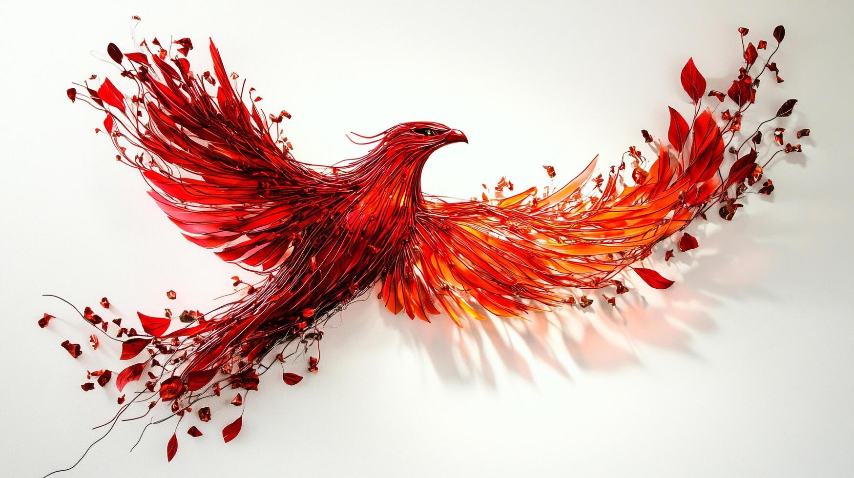Fiery avian sculpture with vibrant red and orange plumage, wings spread in flight, embodies themes of transformation and rising from ashes. photo