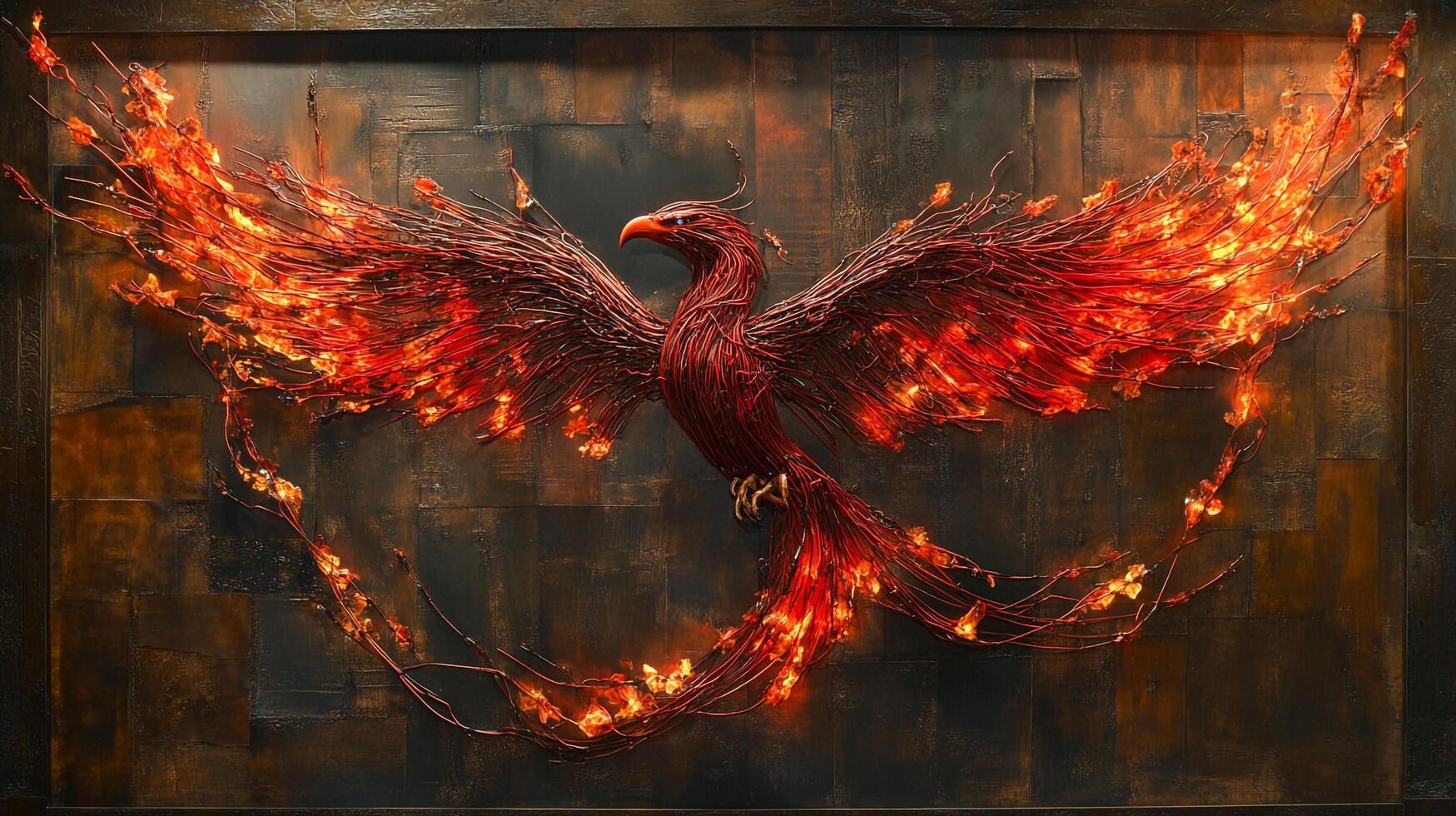 Striking phoenix art piece, crafted from twigs and illuminated with fiery lights, showcasing rebirth, transformation, and artistic skill. photo