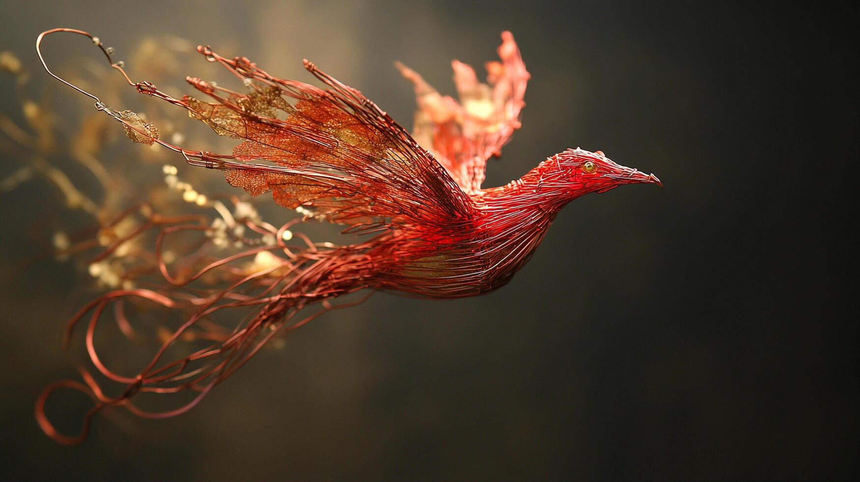 Artistic red bird sculpture in flight, crafted from wire. Ethereal glowing details. Captures movement and delicate design. photo