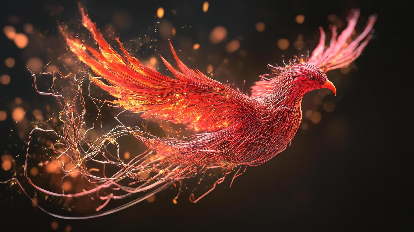A fiery phoenix, a symbol of rebirth and hope, soars against a dark backdrop, glowing in radiant hues of reds, oranges and yellows. photo