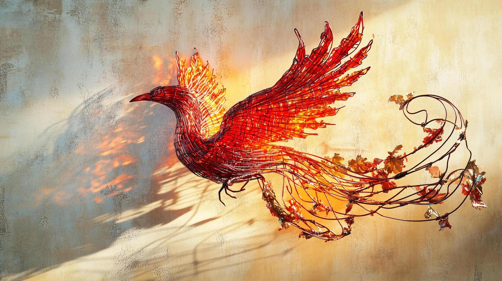 Fiery phoenix sculpture takes flight against a textured wall, casting warm shadows and exuding a sense of rebirth and vibrant artistry. photo