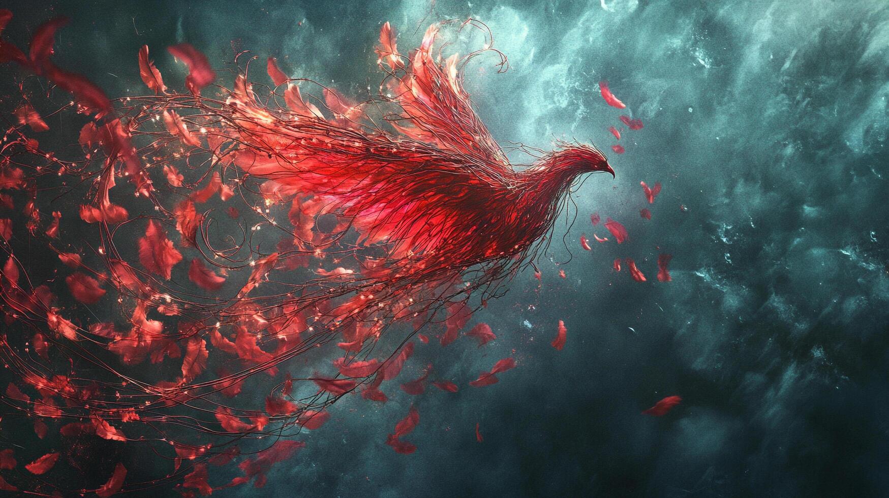 A vibrant red bird of fire and feathers soars through a dark, swirling sky. The bird radiates warmth and intense energy. photo