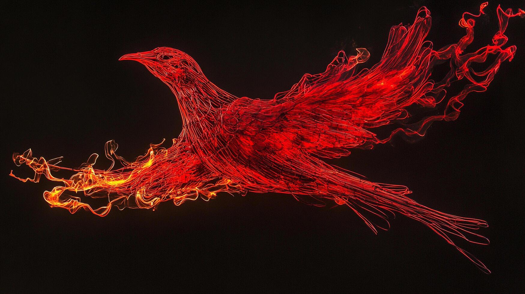 A fiery bird soars against the night, its plumage ablaze with crimson and orange hues, embodying rebirth and transformative power. photo
