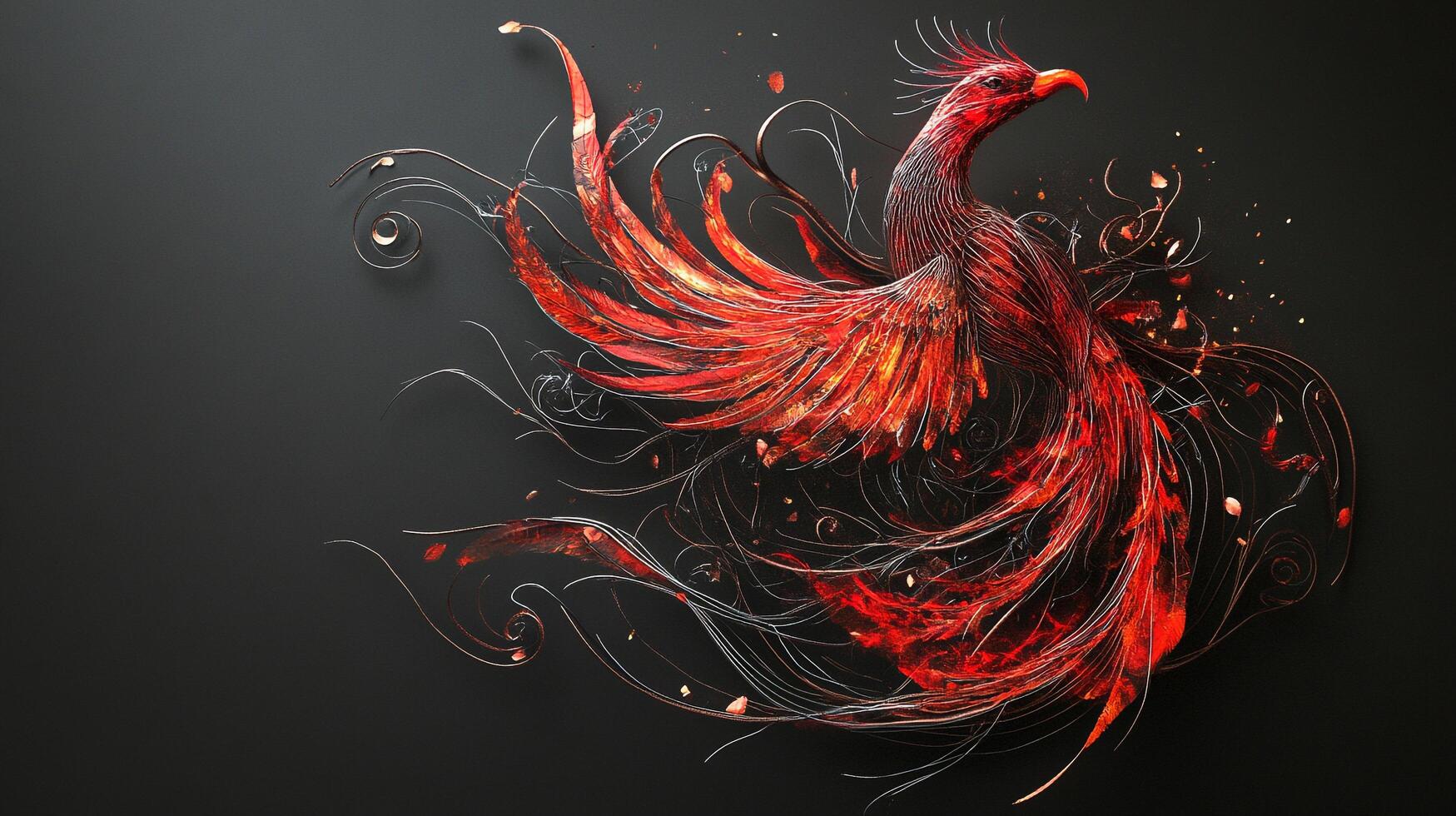 Abstract phoenix with fiery red plumage and intricate swirls rising from darkness, embodying rebirth and transformation in a minimalist style. photo