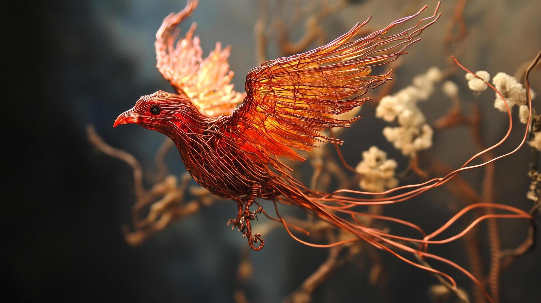 Artistic wire bird with fiery glow, wings spread, perched near delicate blossoms against a dark backdrop, an emblem of creativity. photo