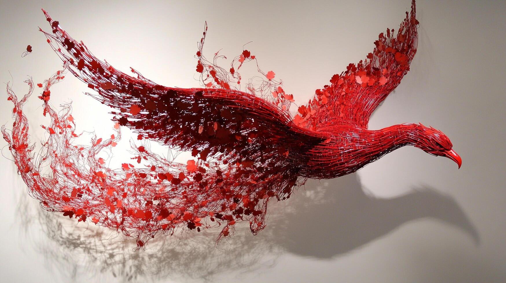 Red avian art piece constructed of wire and floral elements, displayed on a light backdrop, casting a subtle shadow. photo