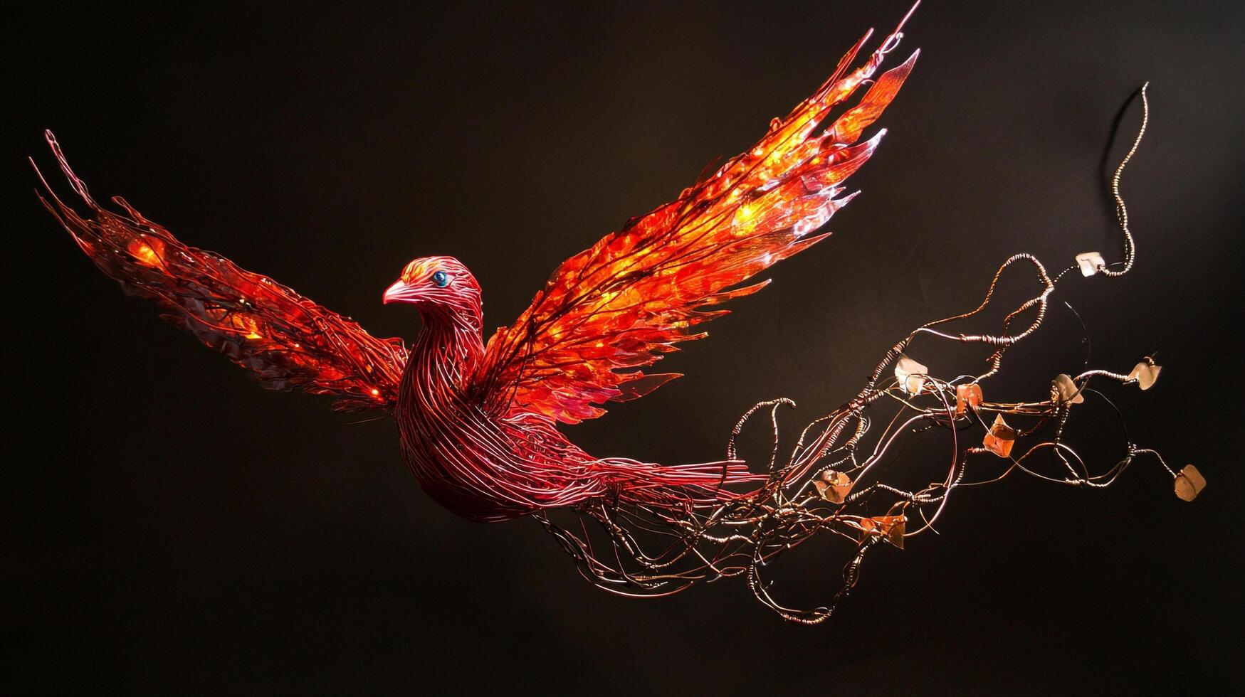 A vibrant phoenix sculpture, crafted from wire, takes flight against a stark black backdrop, its wings ablaze with color and detail. photo