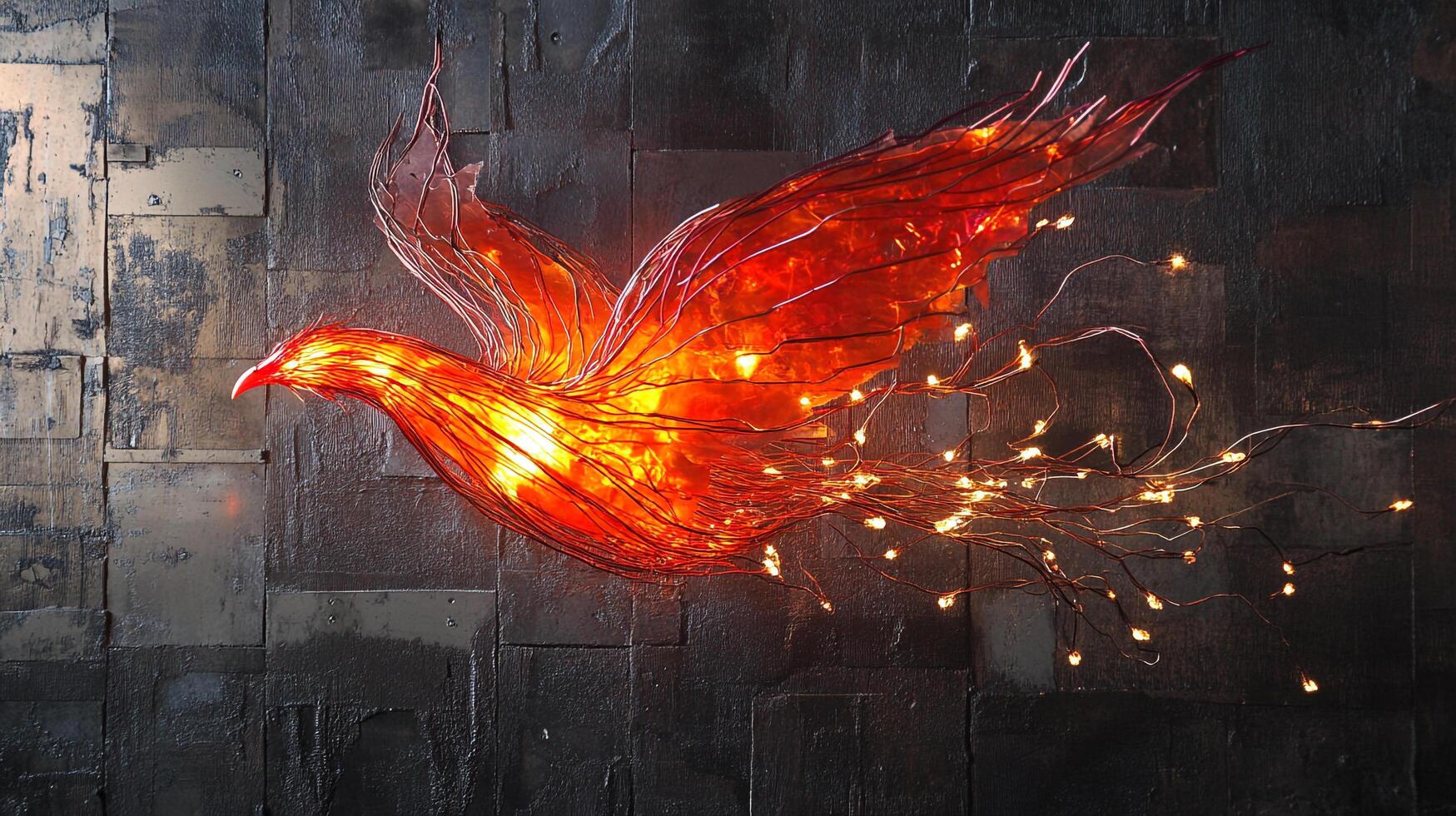 Fiery bird wall art installation. The structure is illuminated by warm, fairy lights, creating an enchanting and elegant focal point. photo