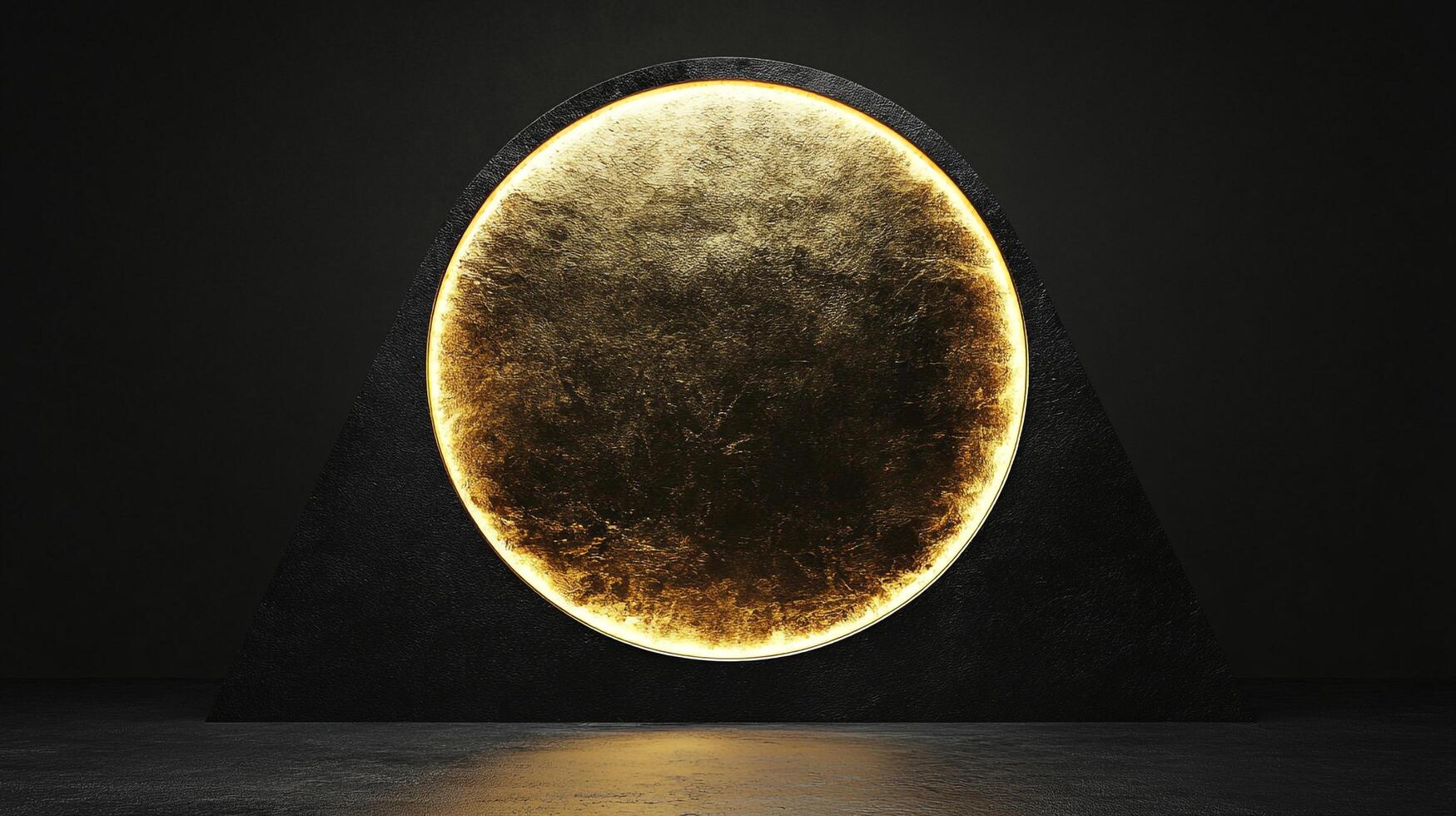Abstract golden circle artwork featuring a textured surface and ambient lighting, set against a dark, minimalist backdrop, evokes modern elegance. photo