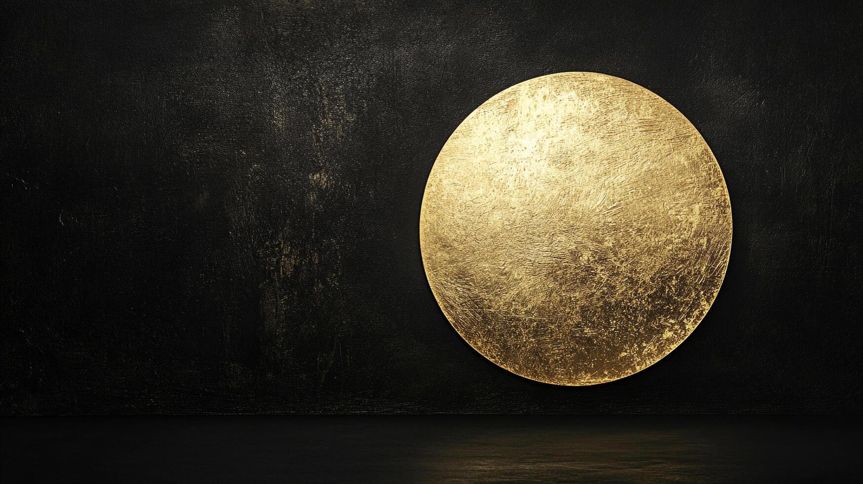 A lustrous golden circle stands out against a darkly textured background, creating a simple and elegant visual statement. photo