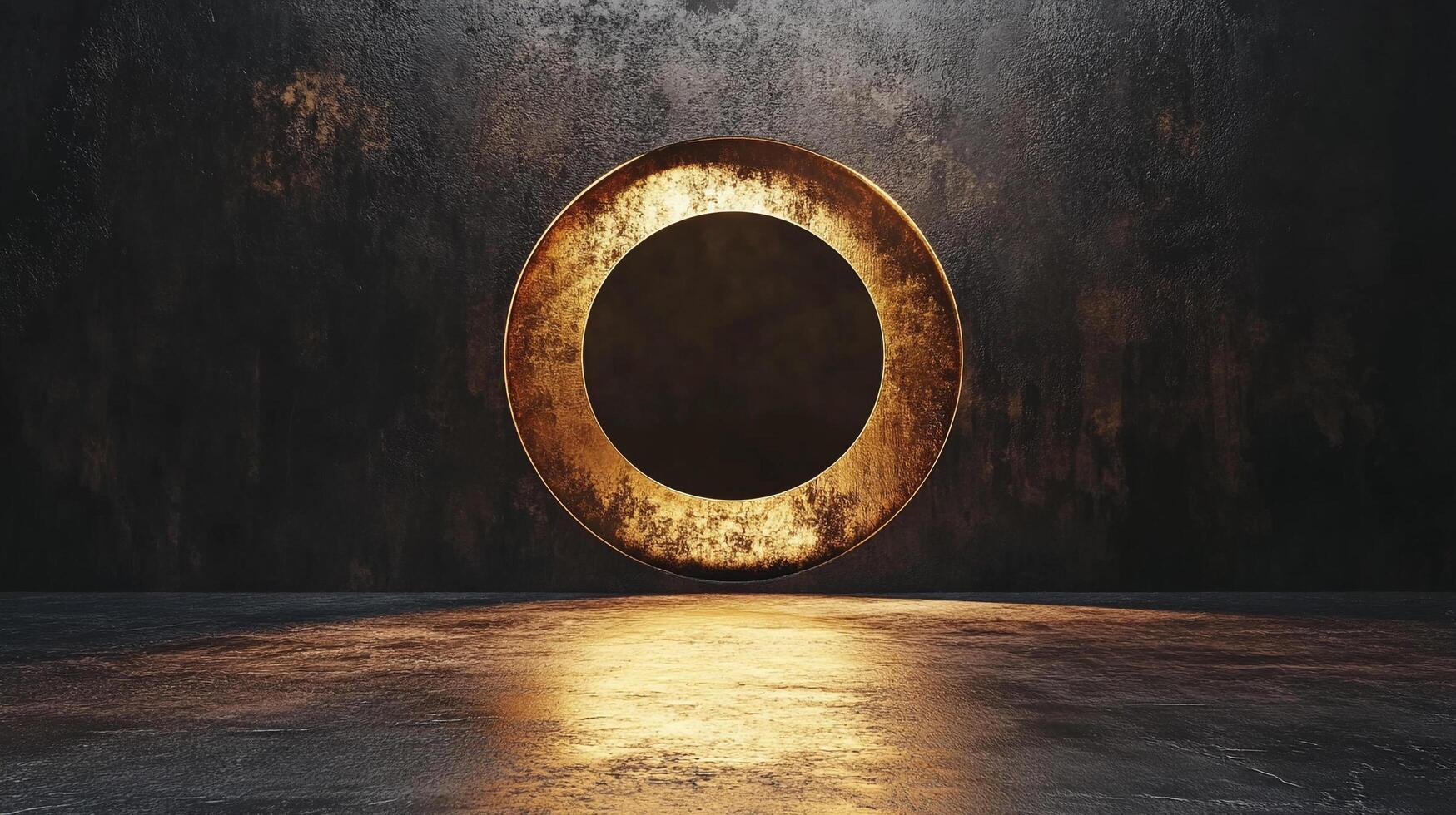 Abstract circular portal on a textured wall, illuminated with a warm golden light, creating a mysterious and inviting atmosphere. photo
