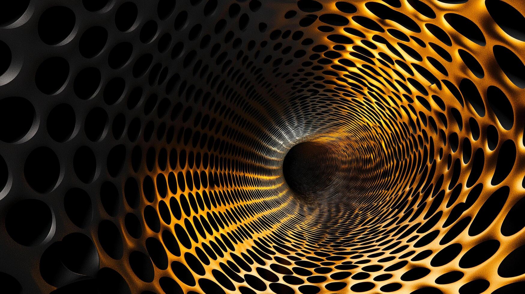 Abstract tunnel with repeating circular patterns and an optical illusion of depth, transitioning from dark to golden light. photo