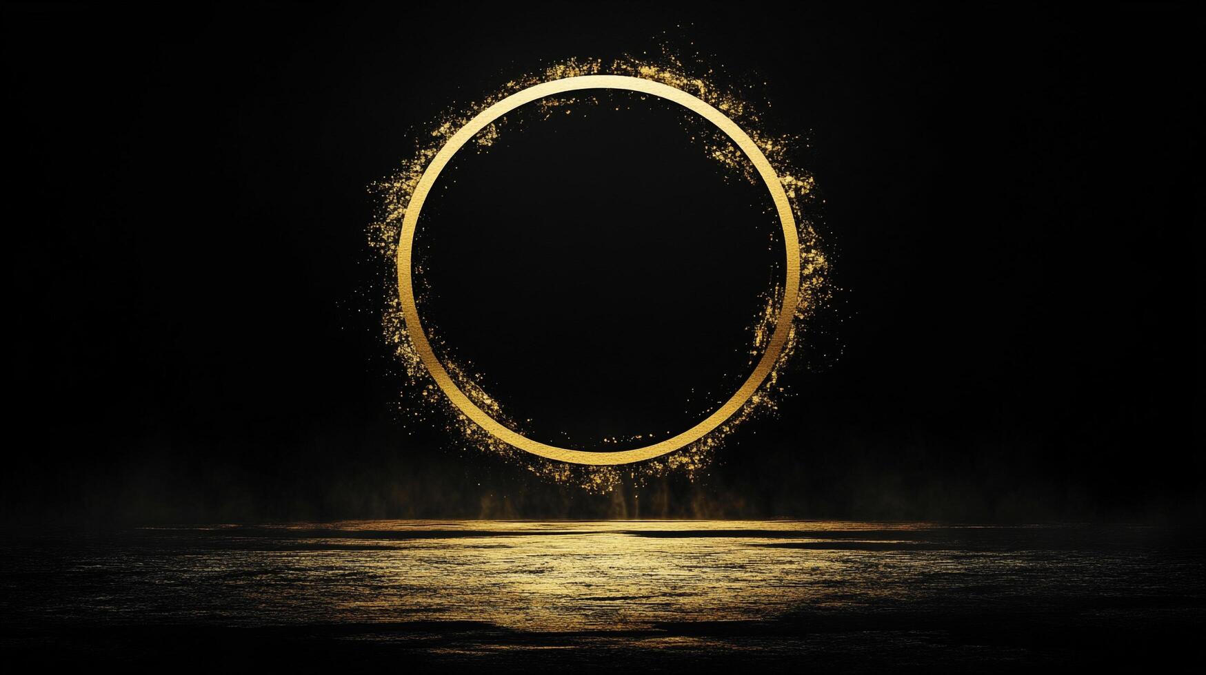 Abstract golden circle hovering over a dark surface, light reflecting off its surface, creating a magical and mysterious atmosphere. photo