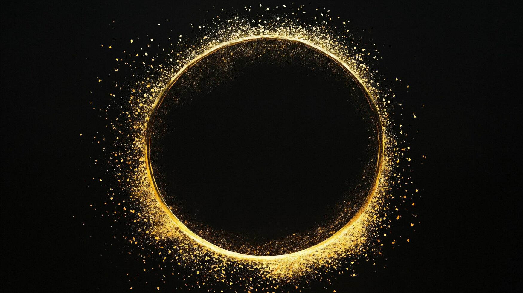 A captivating golden circle shimmers against a black background, exuding elegance and luxury, with glittering particles adding a touch of magic. photo
