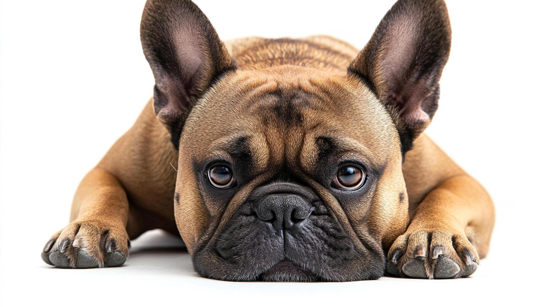 Adorable brown French Bulldog with puppy-dog eyes rests its head on a white surface, looking directly at the viewer with endearing expression. photo
