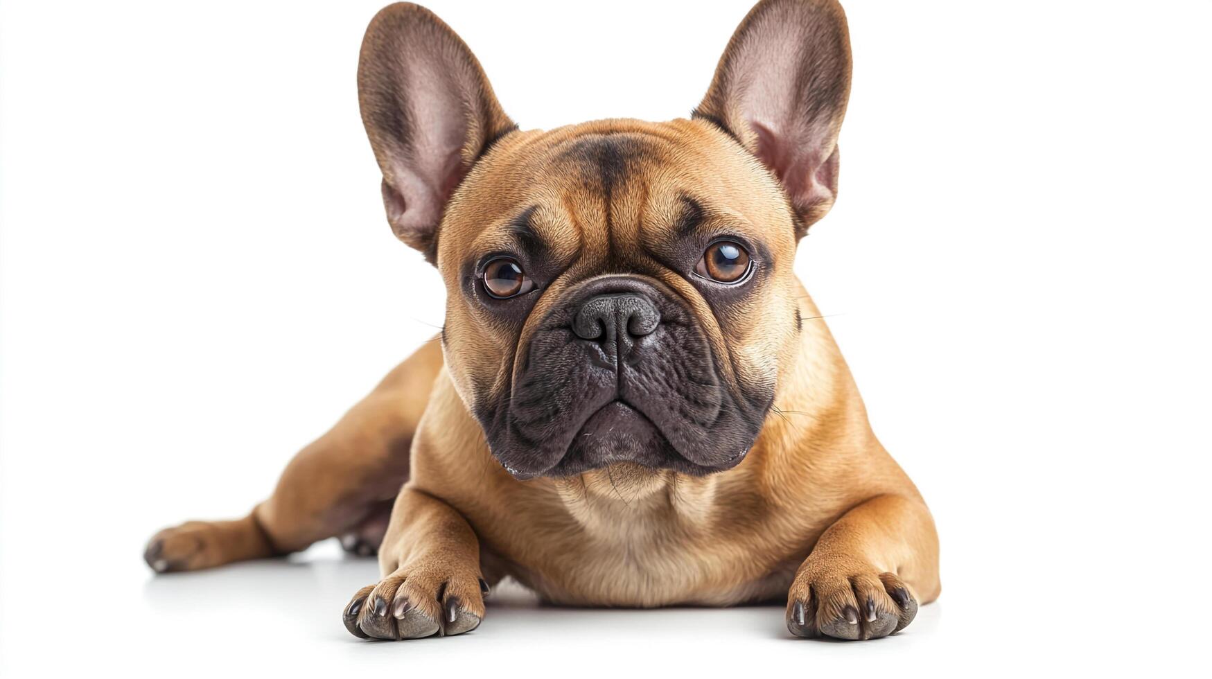 Adorable French Bulldog lounging on a white background. Its big ears are perked up, and its expressive eyes look forward. photo