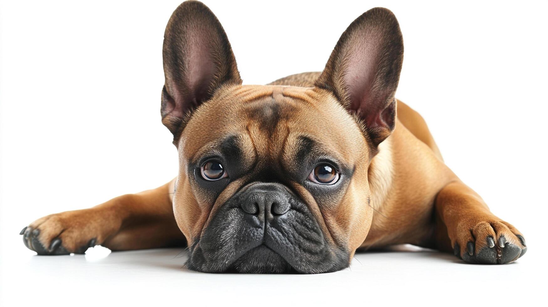 A tan dog with large ears and dark eyes rests its head, looking directly at the viewer with a soulful expression. The background is white. photo