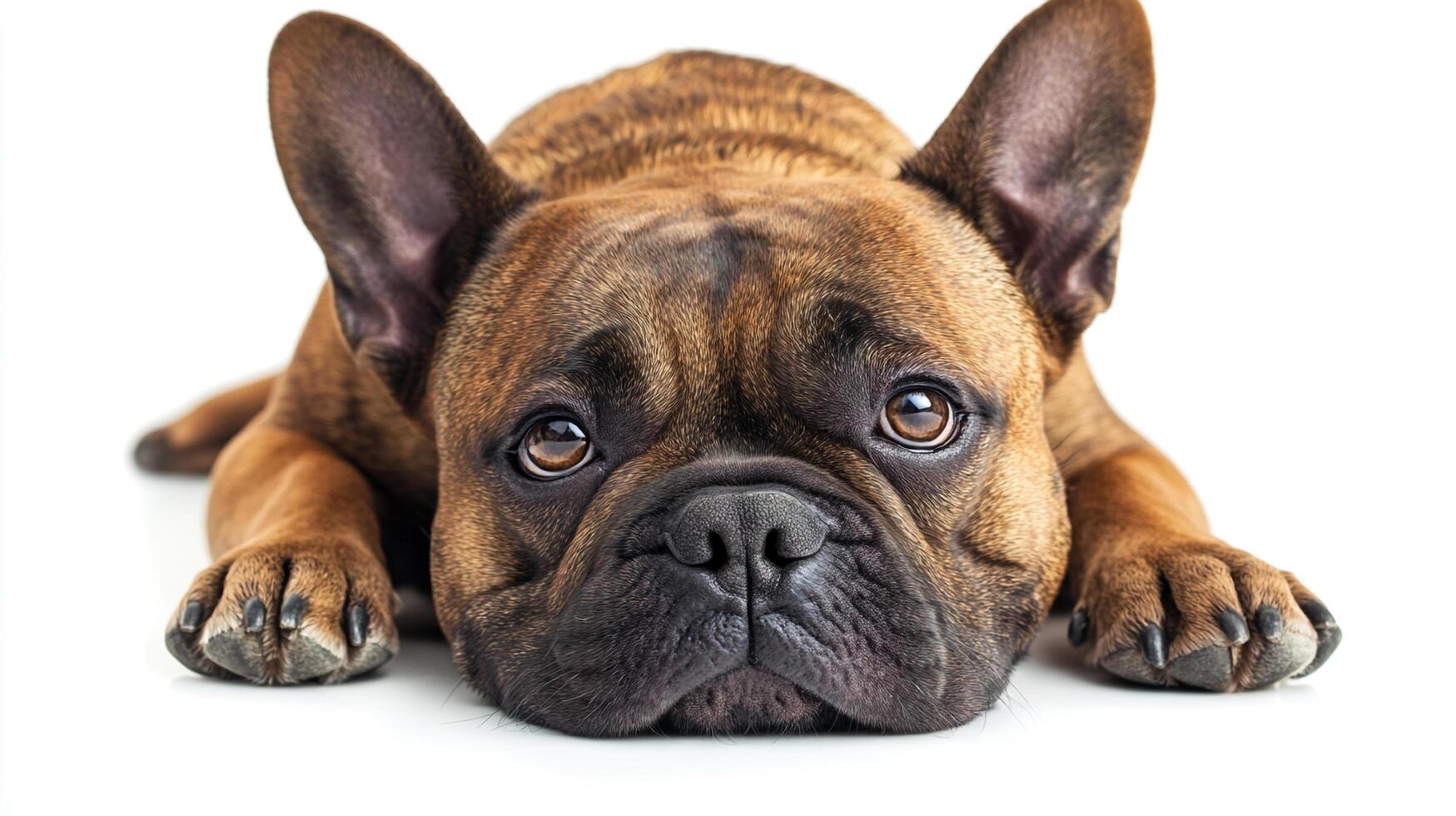 A beautiful, brindle-coated bulldog lies on a white surface, capturing a moment of peaceful repose. The dog's expression is gentle and calm. photo
