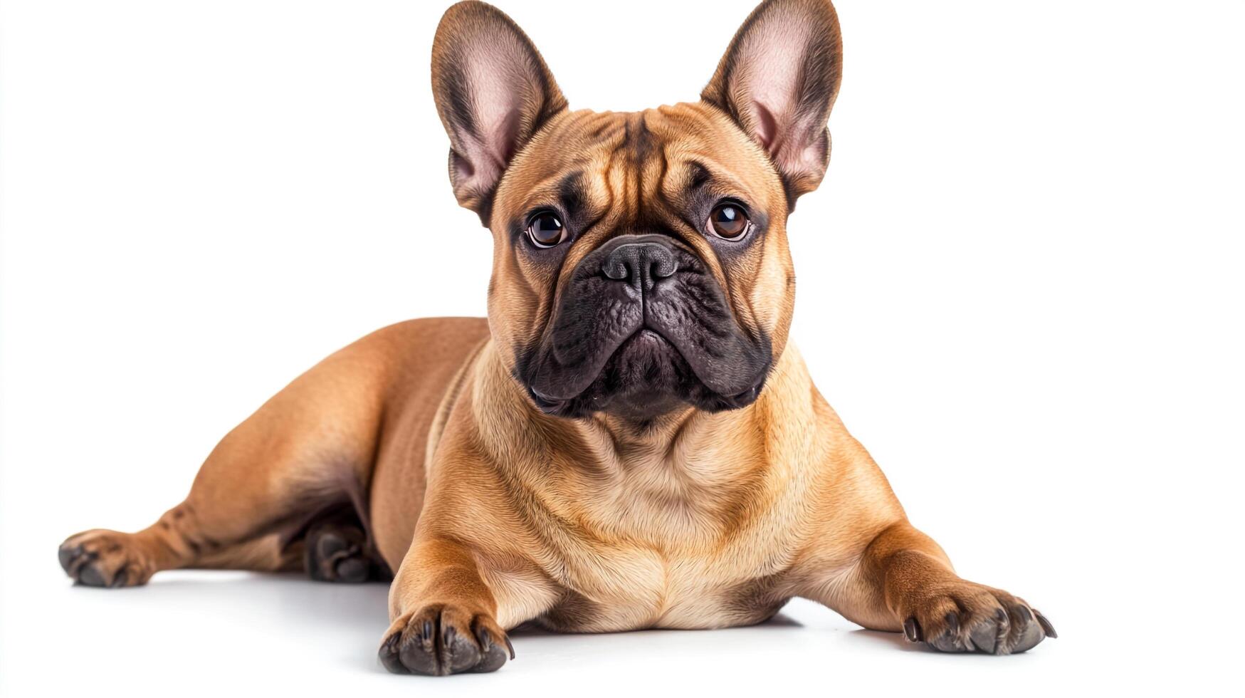 Adorable fawn French Bulldog lounging against a clean white background. The dog has a sweet expression and upright ears. Its coat is smooth. photo