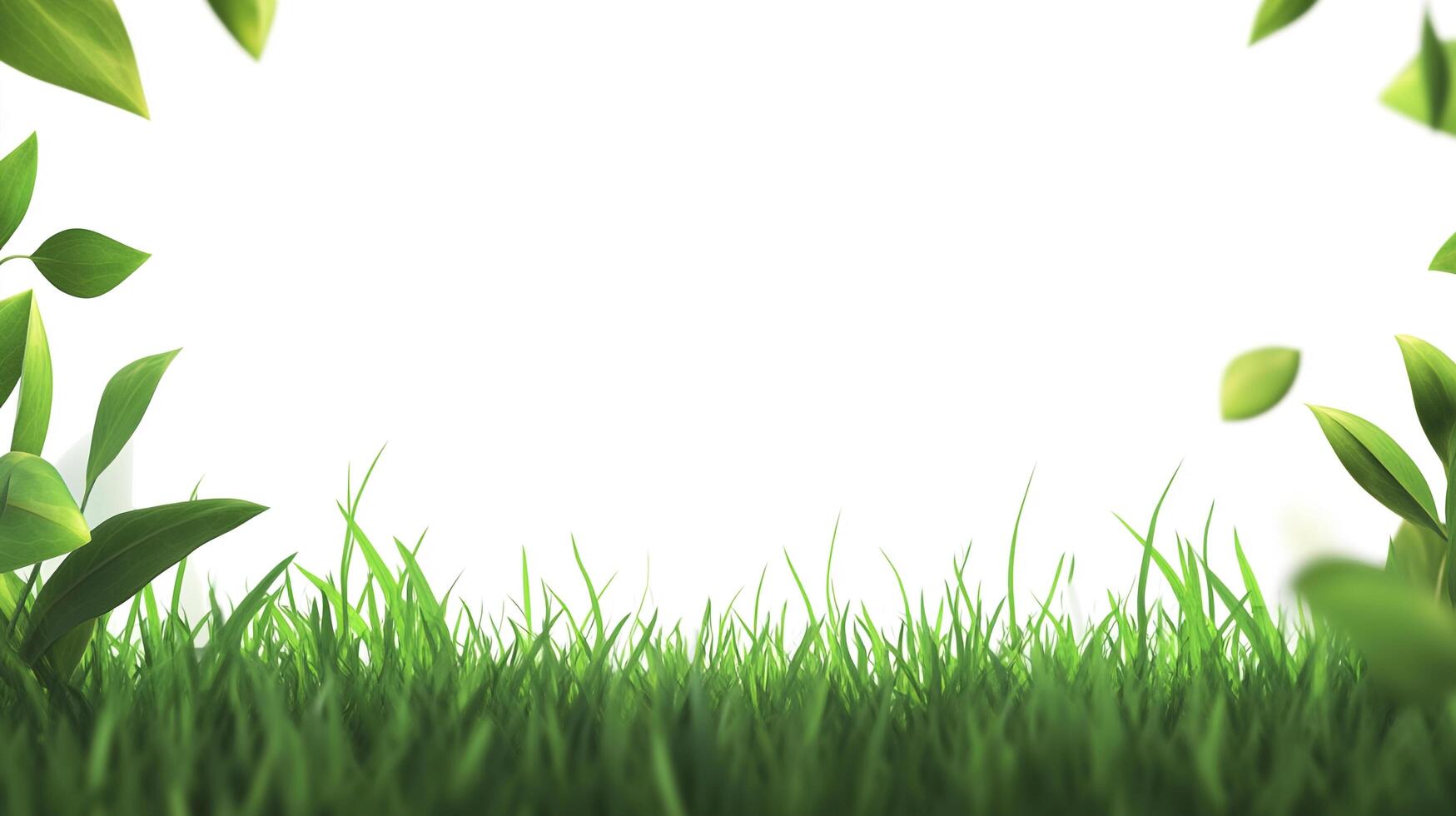 Lush green grass and vibrant leaves against a bright white backdrop, evoking a sense of nature, freshness, and tranquility. photo