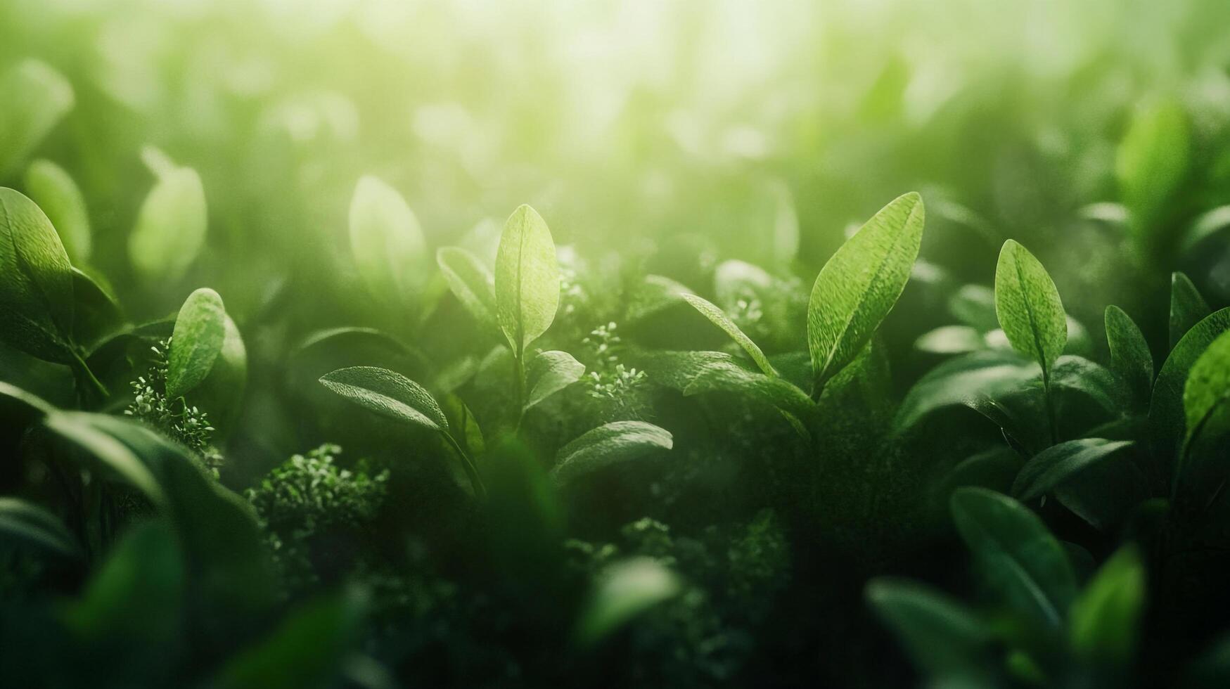 Lush greenery bathed in soft light, vibrant leaves flourishing in a dense, verdant landscape, symbolizing growth and natural serenity. photo