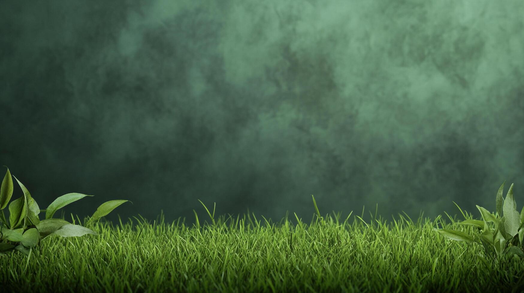 An illustrative image of a grassy field with a few plants on the ground. The background is a blurry faded green, which gives it a dreamy effect. photo